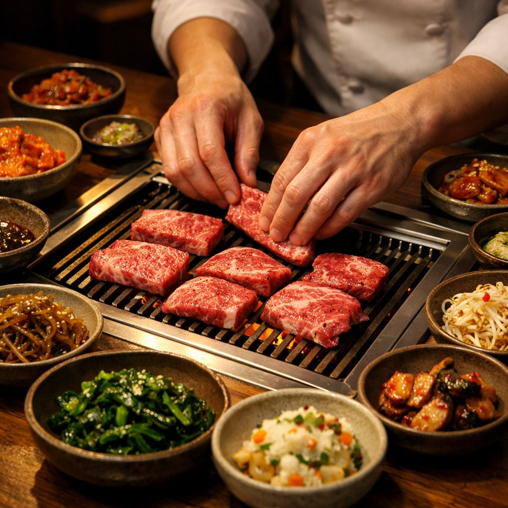 Premium beef cuts and banchan on Korean tabletop grill at modern steakhouse