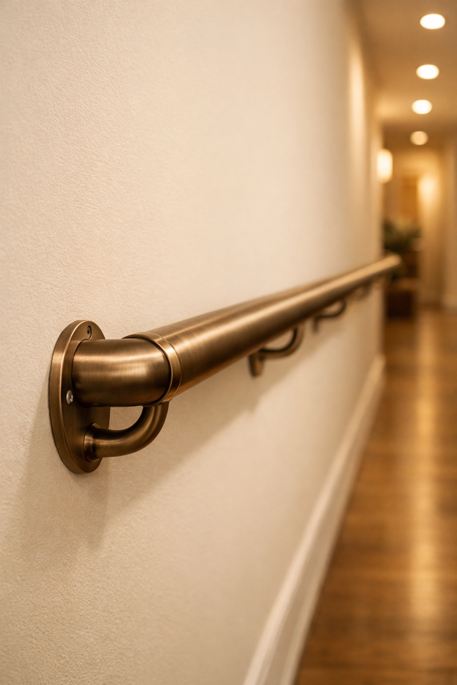 Sturdy hallway handrail installed for senior fall prevention and safer walking at home