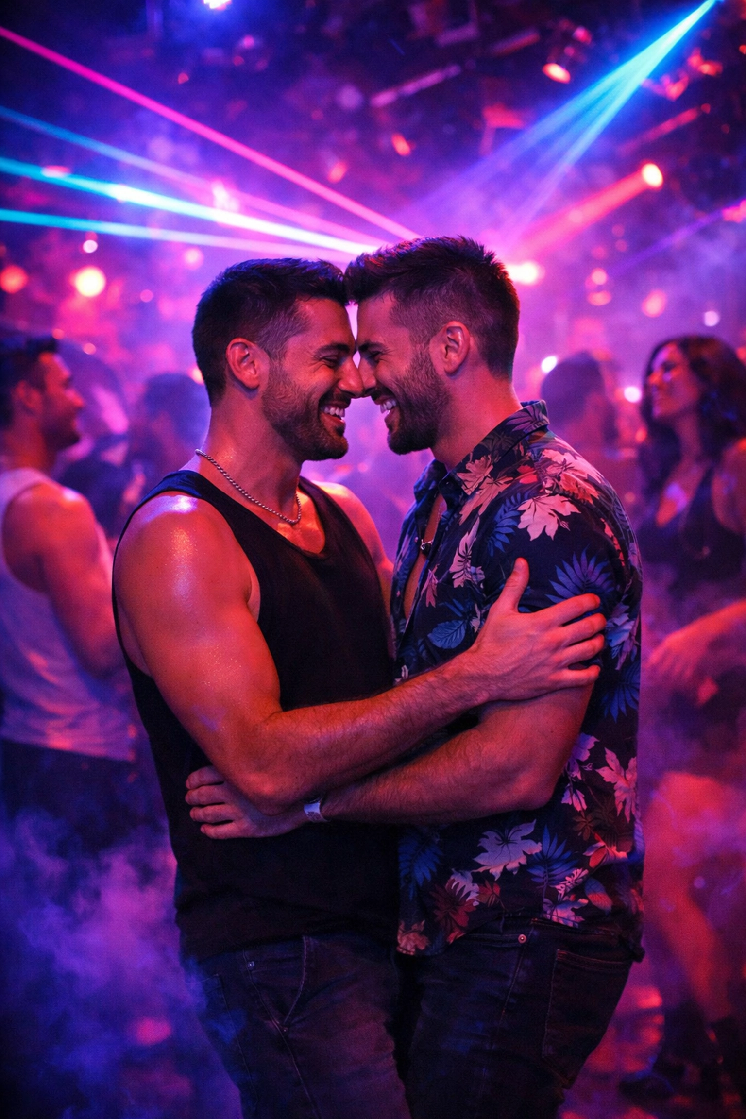 Gay couple celebrates on Tel Aviv nightclub dance floor in legendary LGBTQ+ nightlife scene