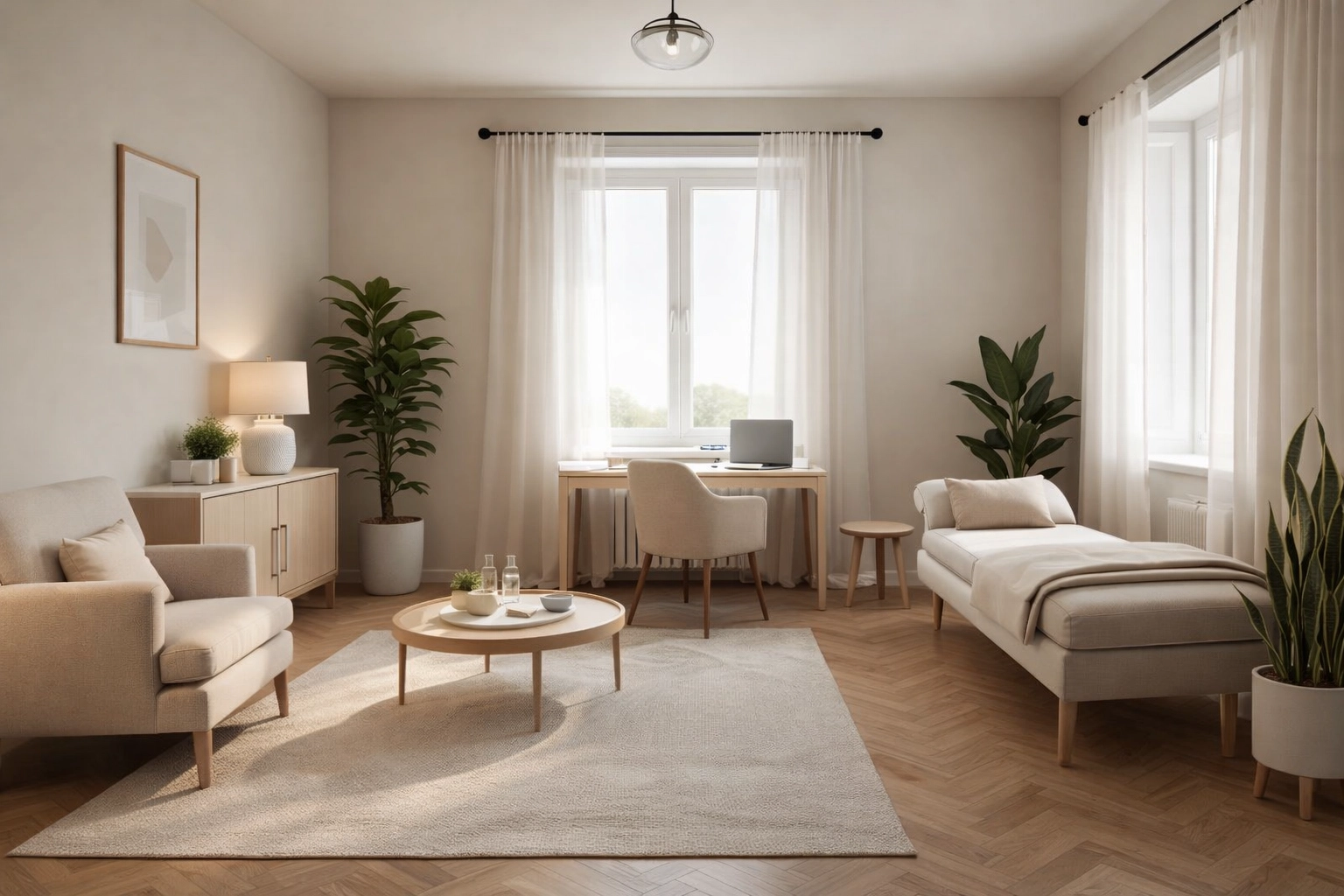 A bright and welcoming, upscale consultation room at Solshine Wellness Group, designed for calm and high-trust conversations