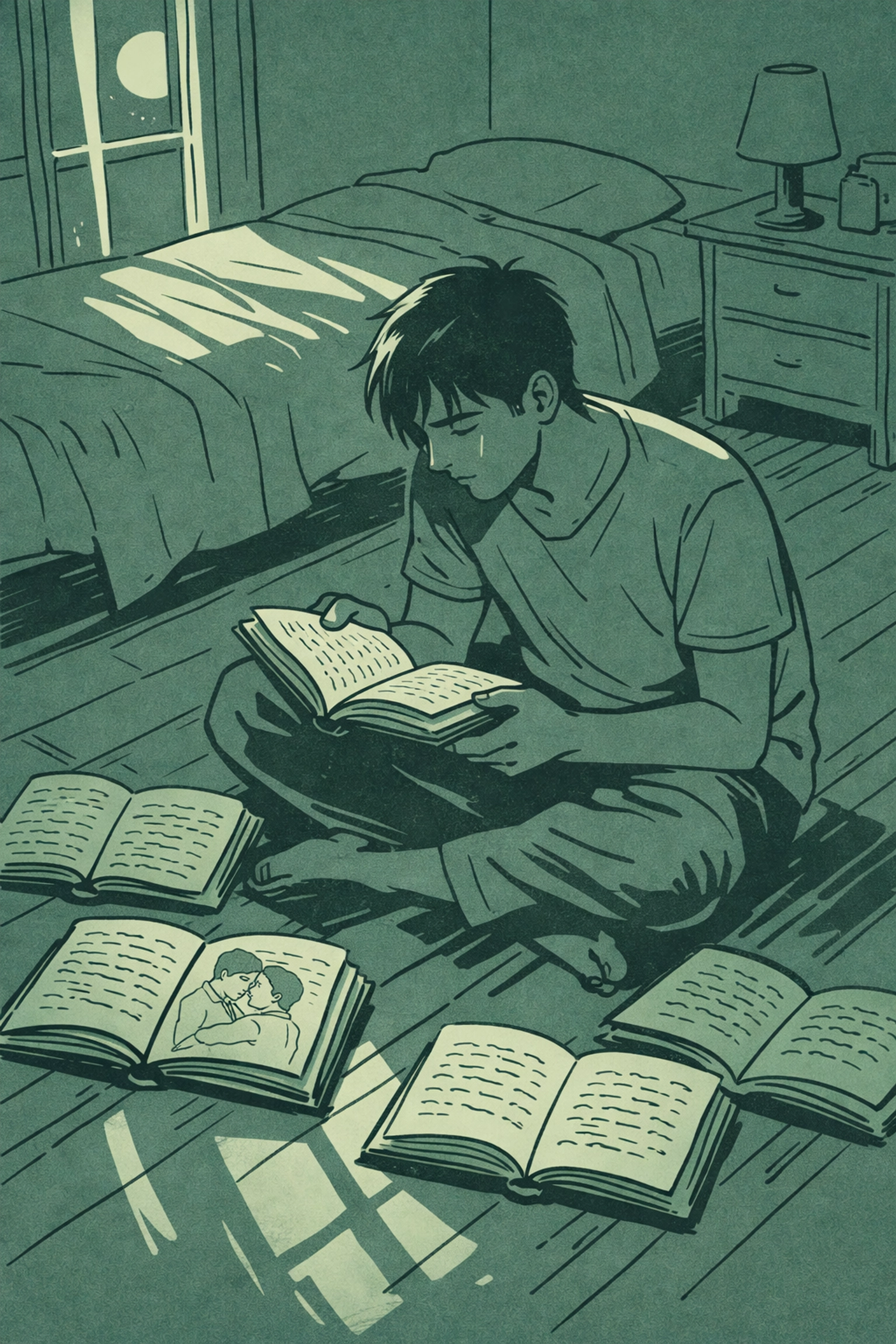 Young step-son discovering hidden gay love journals in moonlit bedroom