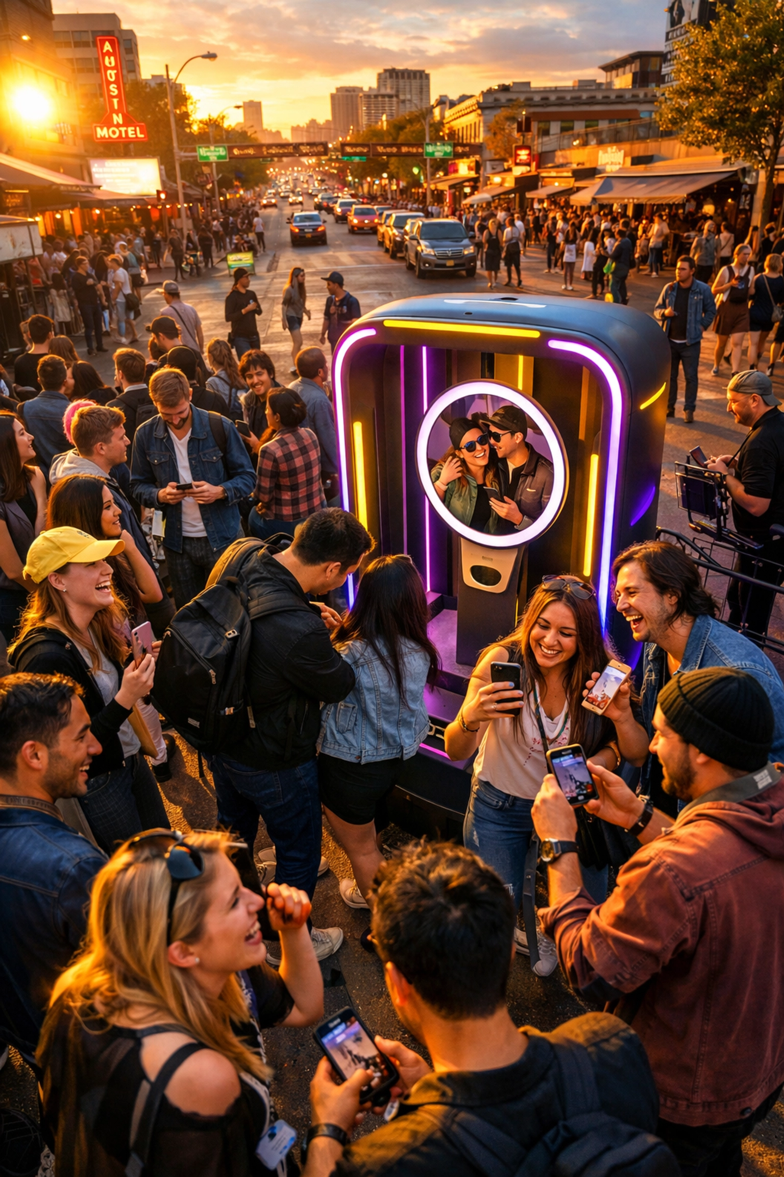 SXSW brand activation with attendees engaged at high-tech photo booth on Austin street