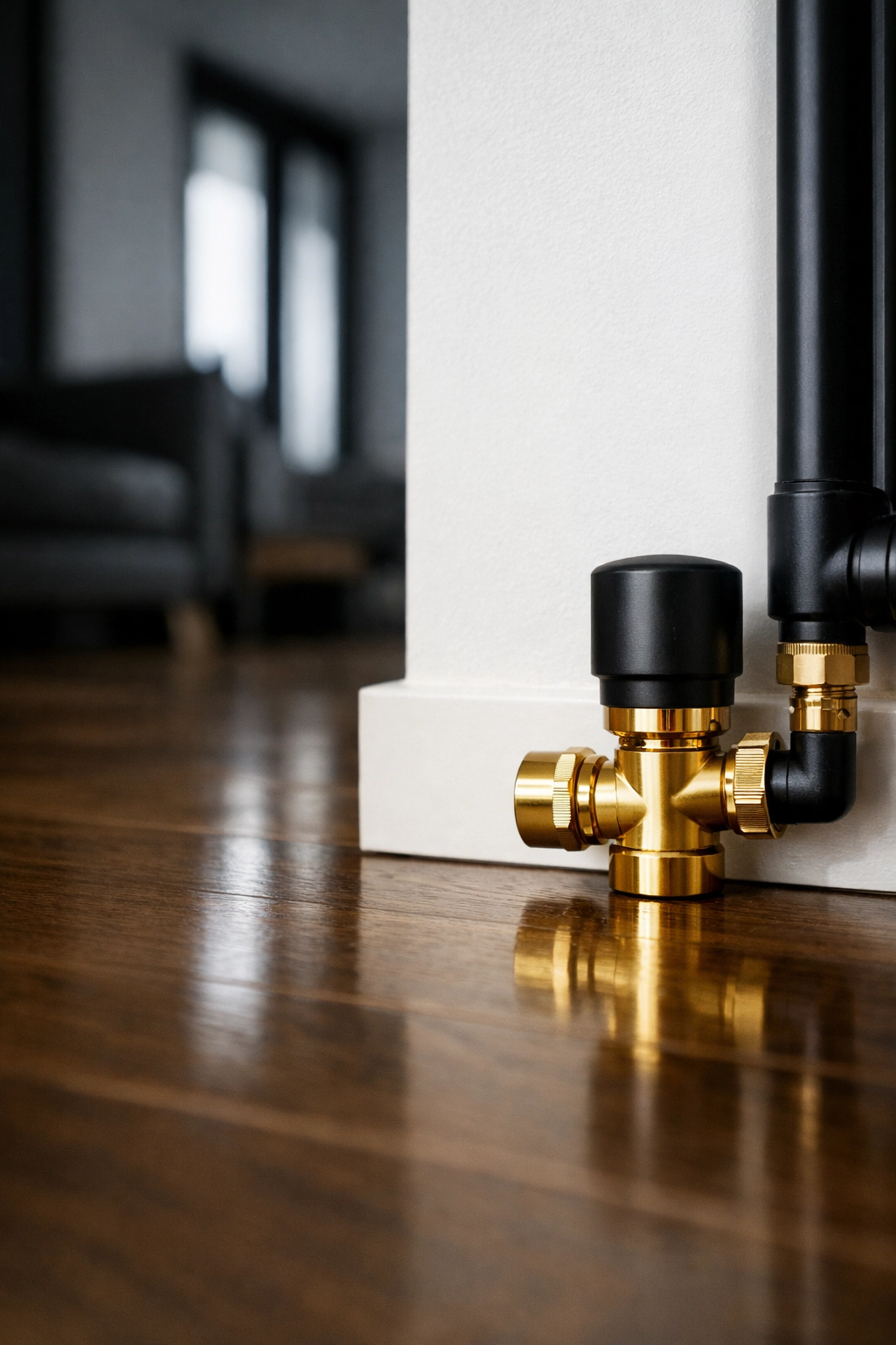 Close-up of rental property interior showing radiator valve and pristine floor during inspection