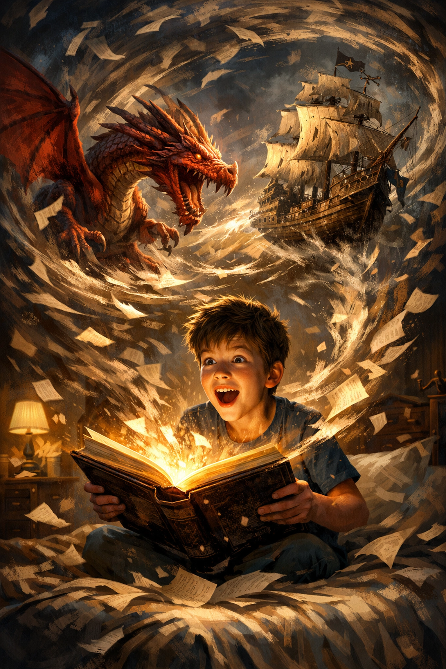 A boy reads a thrilling adventure book for kids as a dragon and pirate ship emerge from the pages.