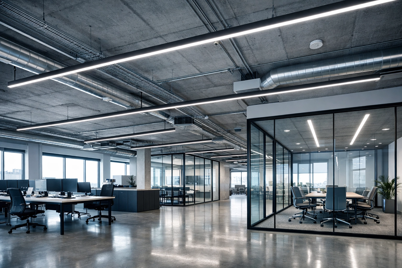 Professional LED strip lighting installation in a modern commercial office space in Bournemouth, Dorset.