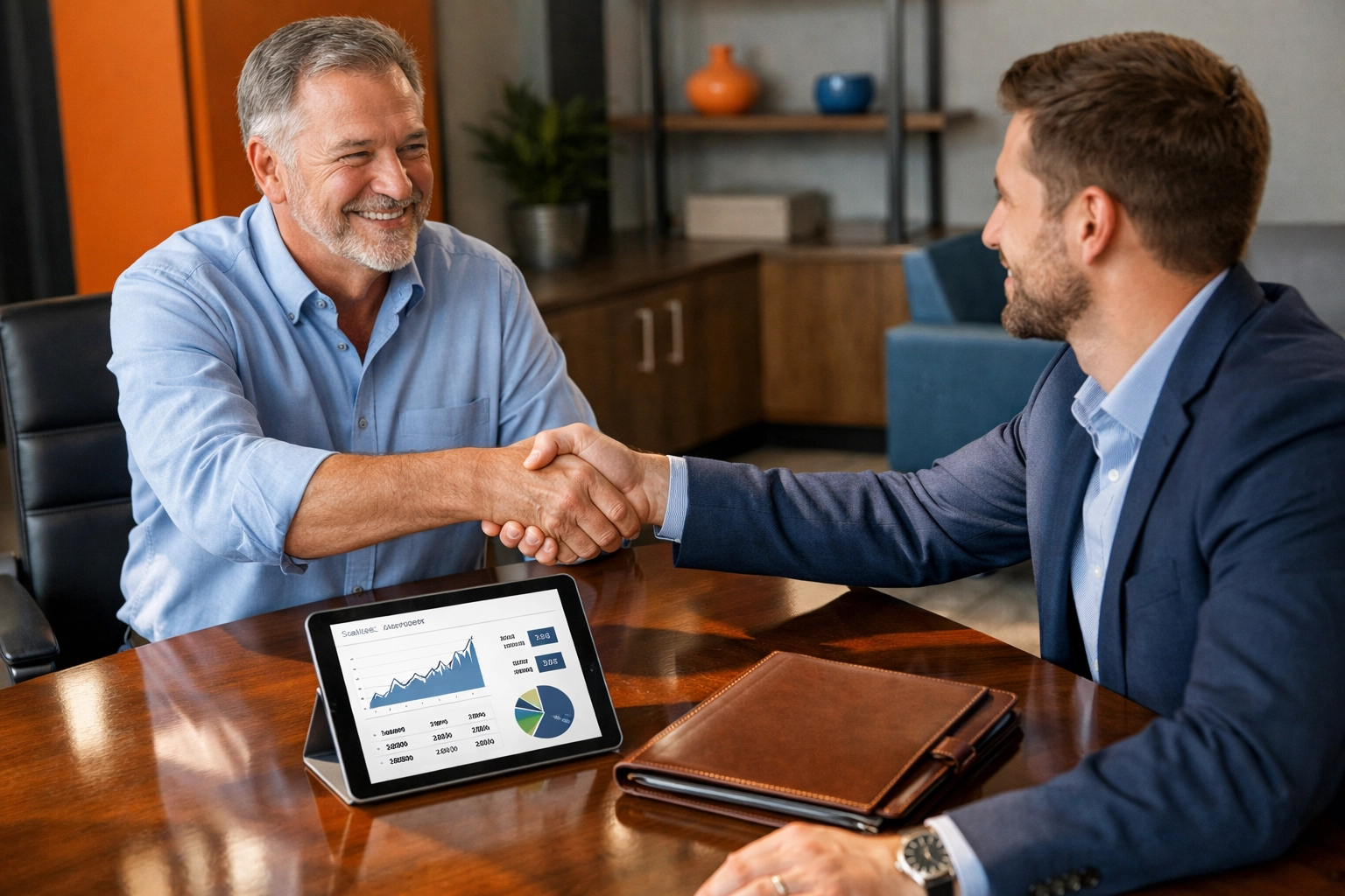 Business owner and buyer shaking hands over successful business sale with valuation documents