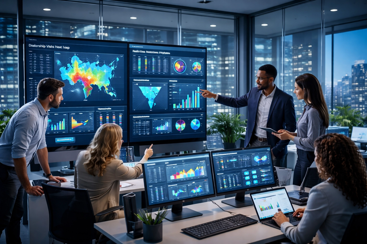 Automotive marketing team analyzes customer data in a modern dealership control room for strategic transportation marketing.