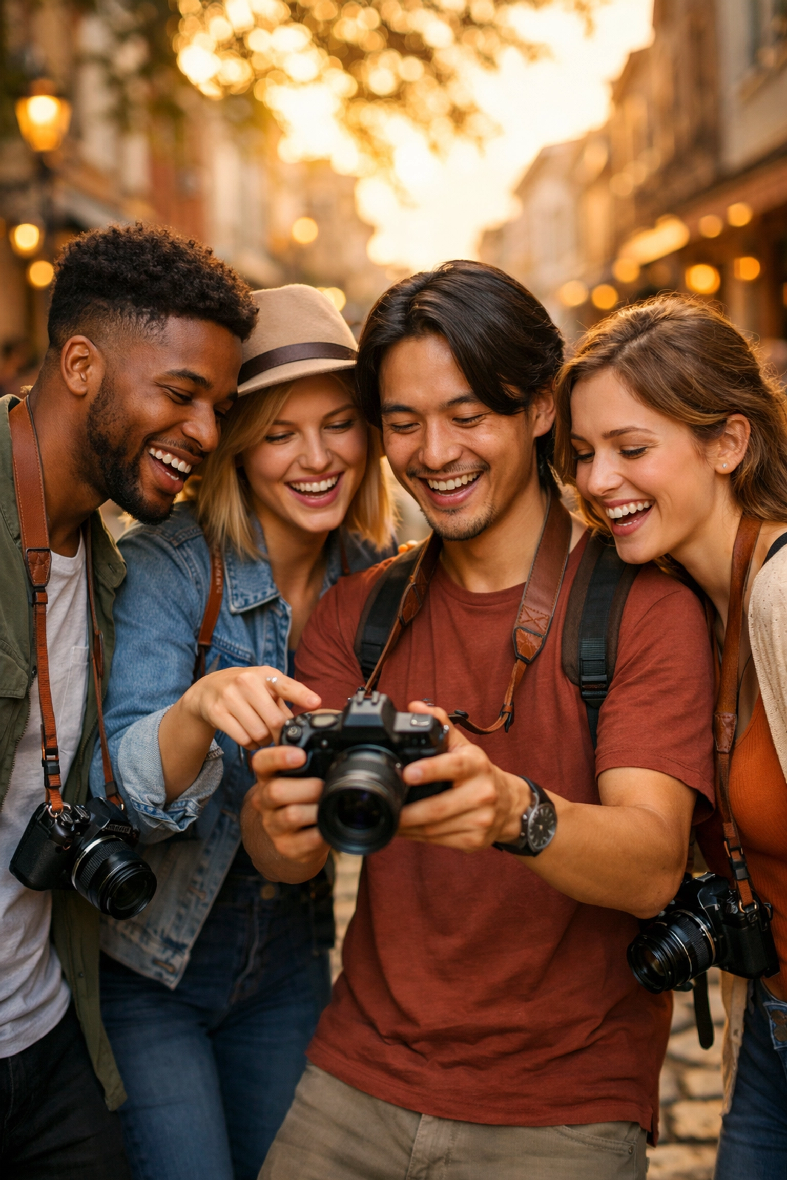 A group of students on a city photo walk learning new photography for beginners techniques.