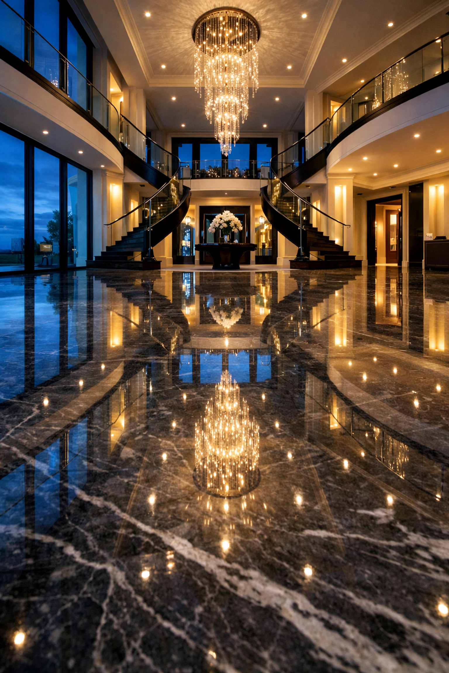 Shining mirror-finish marble floors in a luxury home entrance after professional cleaning.