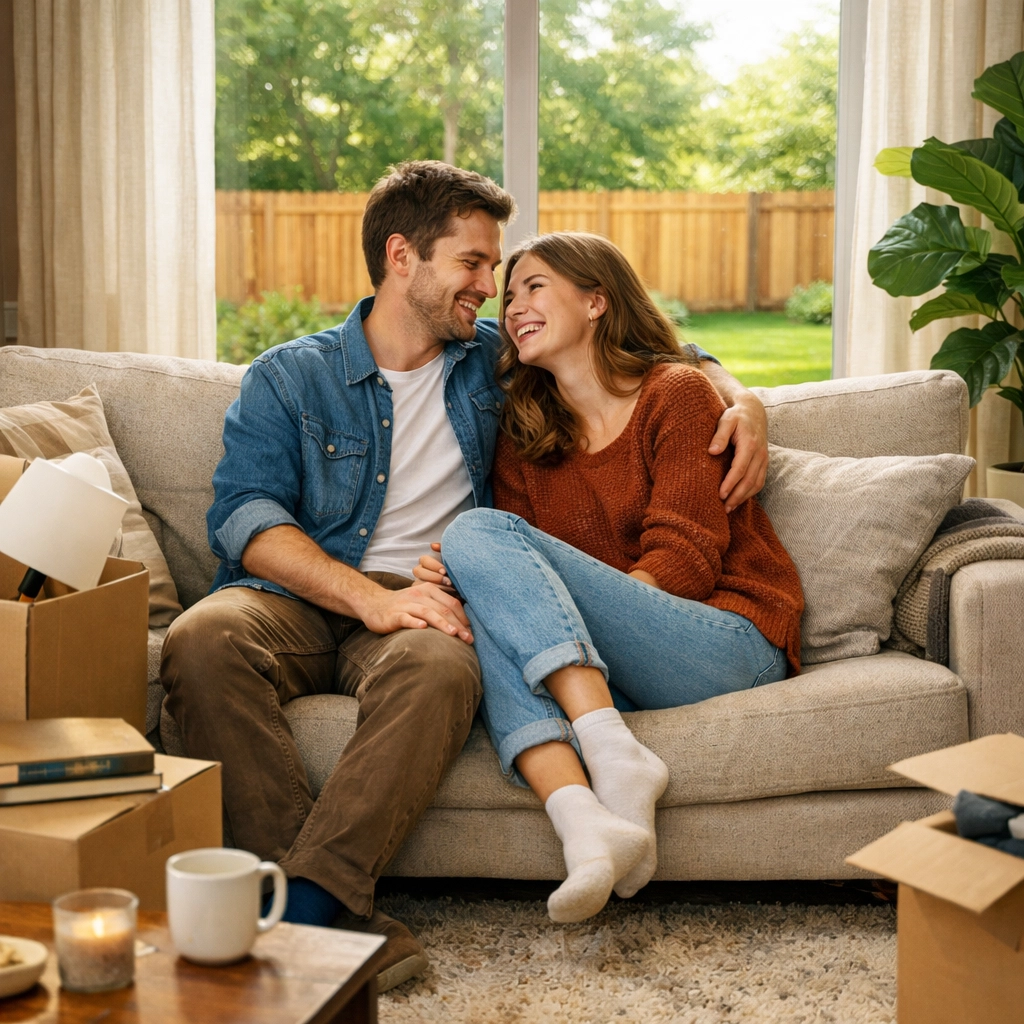 Happy couple relaxing in their new Live Oak living room after moving into their first home.