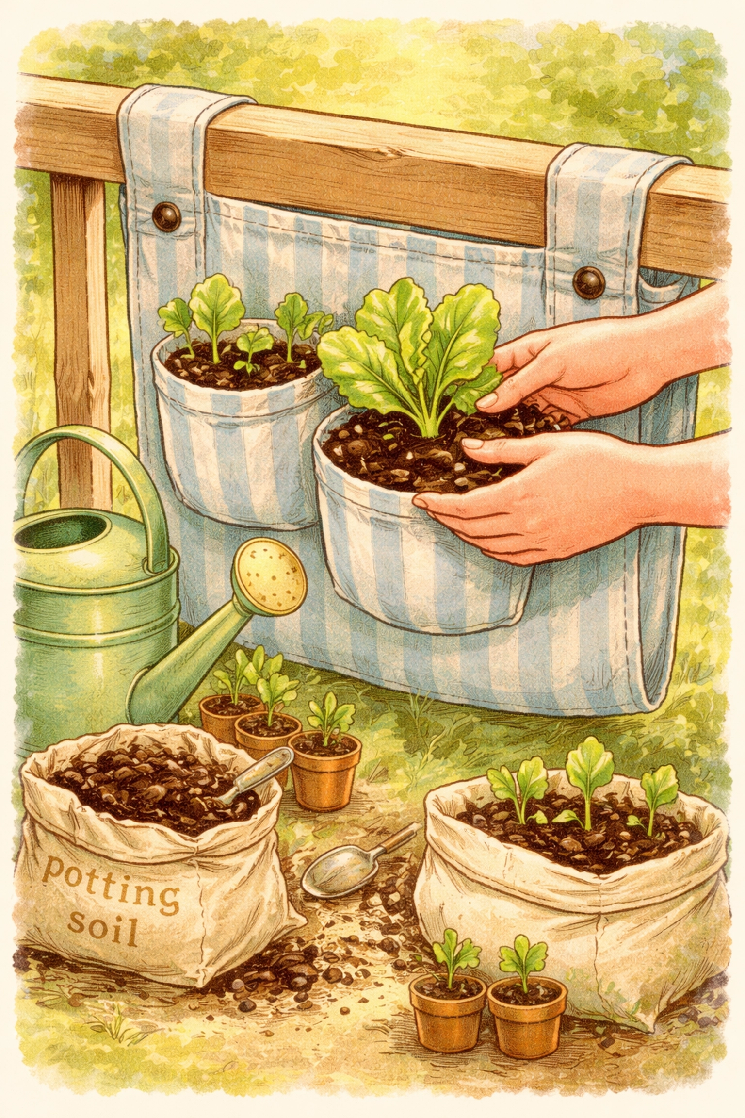 Storybook-style drawing of hands planting lettuce seedlings into a fabric vertical planter with garden tools