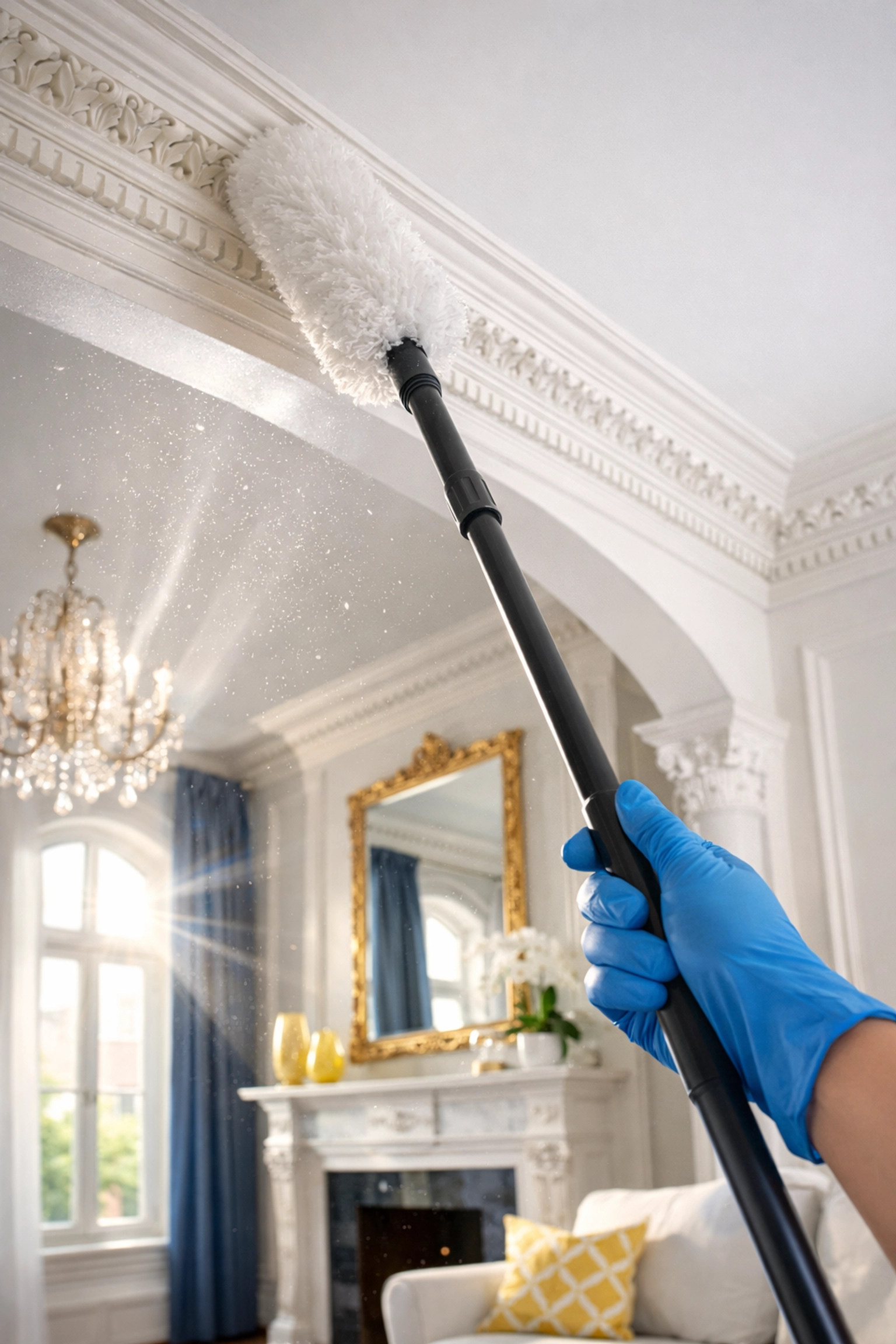 Professional cleaner dusting high crown molding in a Back Bay Boston apartment using top-to-bottom cleaning.