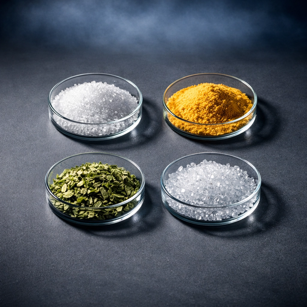 Natural sweeteners including stevia, monk fruit, erythritol, and allulose arranged in laboratory dishes