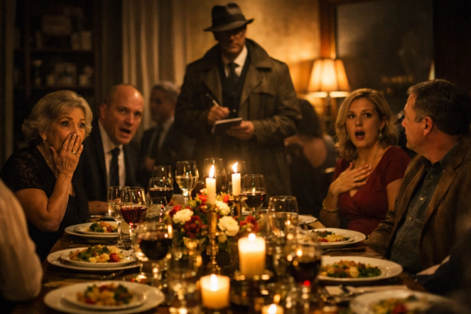 Mystery dinner setting with warm lighting and a detective vibe