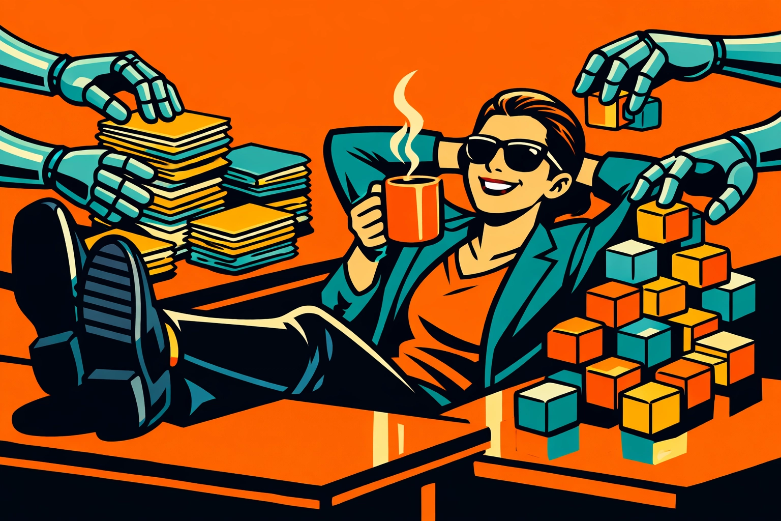 Small business owner relaxing while automated digital hands organize folders and admin tasks.