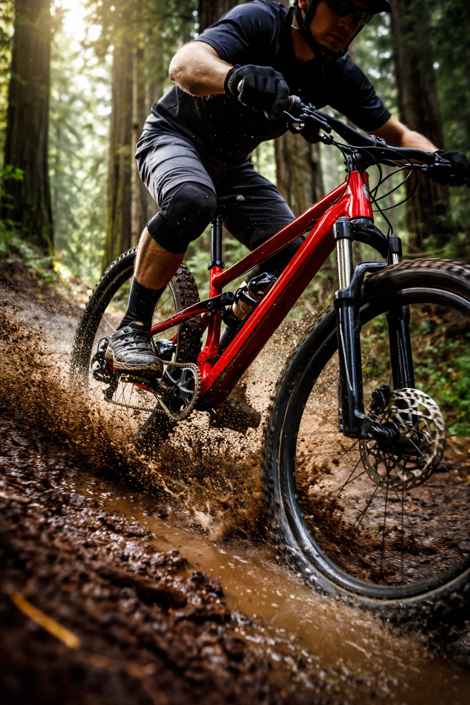 Mountain bike with a vibrant powder-coated frame riding muddy Santa Cruz trail, showing durability of powder coating.