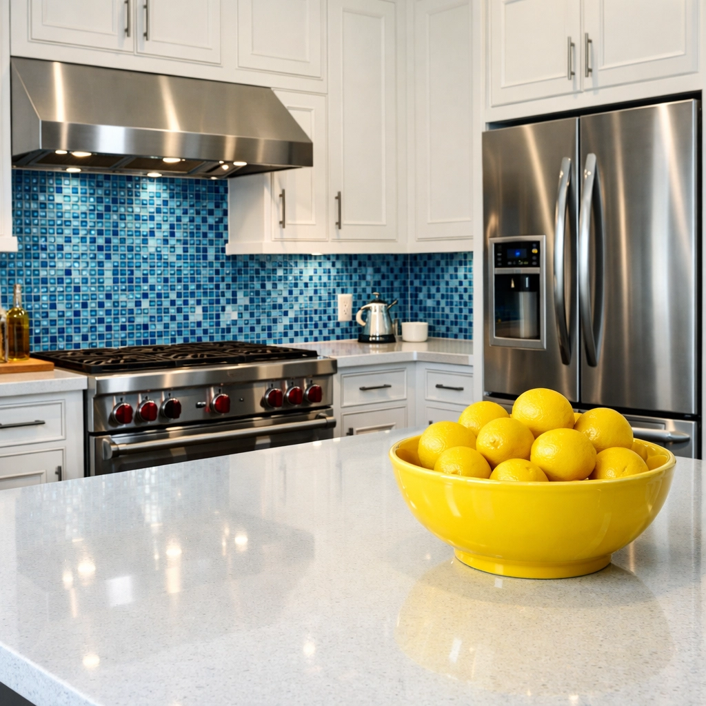 Spotless luxury kitchen with polished quartz island and smudge-free appliances from residential cleaning Massachusetts.