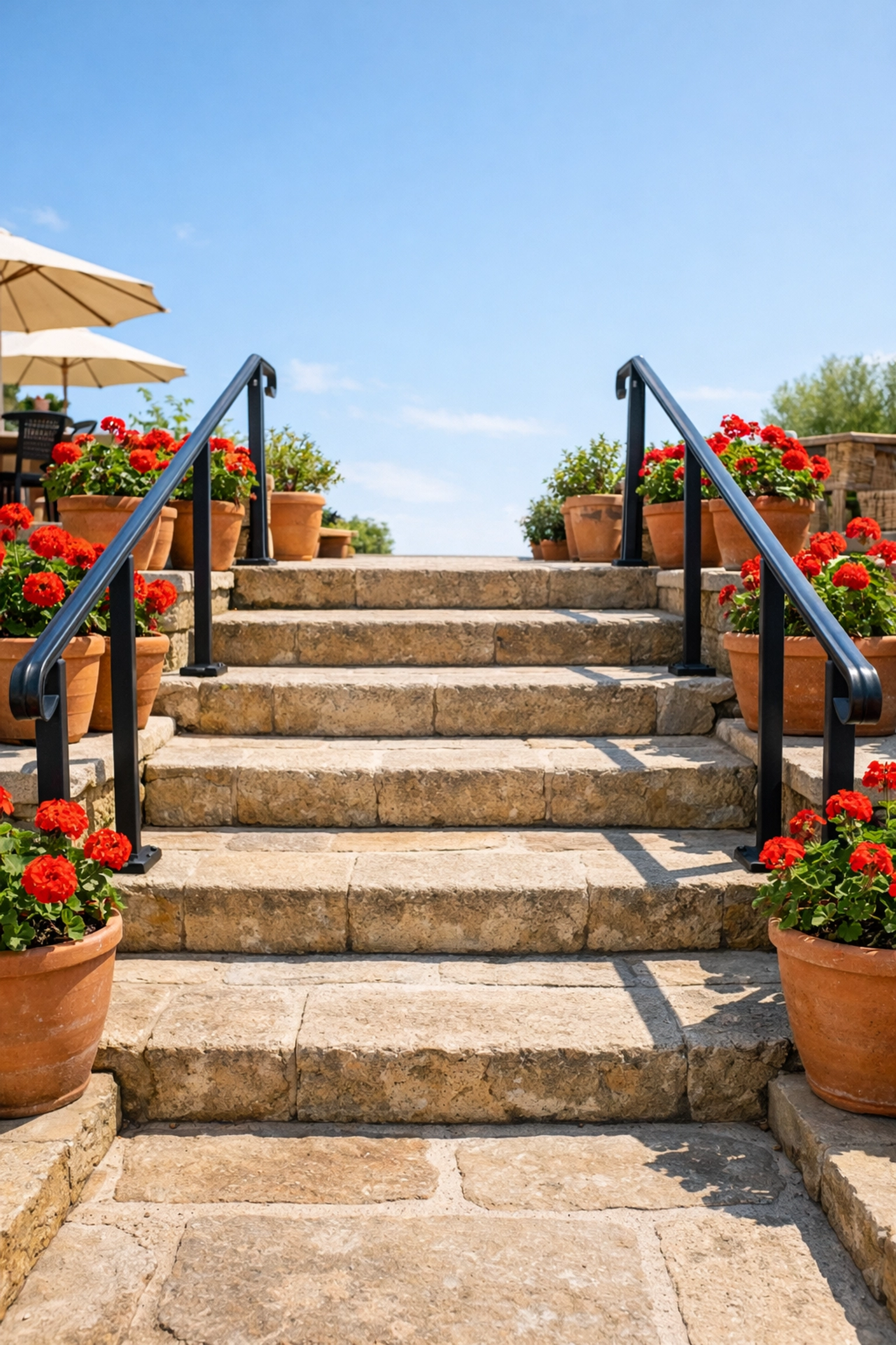 Outdoor stone steps with sturdy double handrails for improved balance and fall prevention.