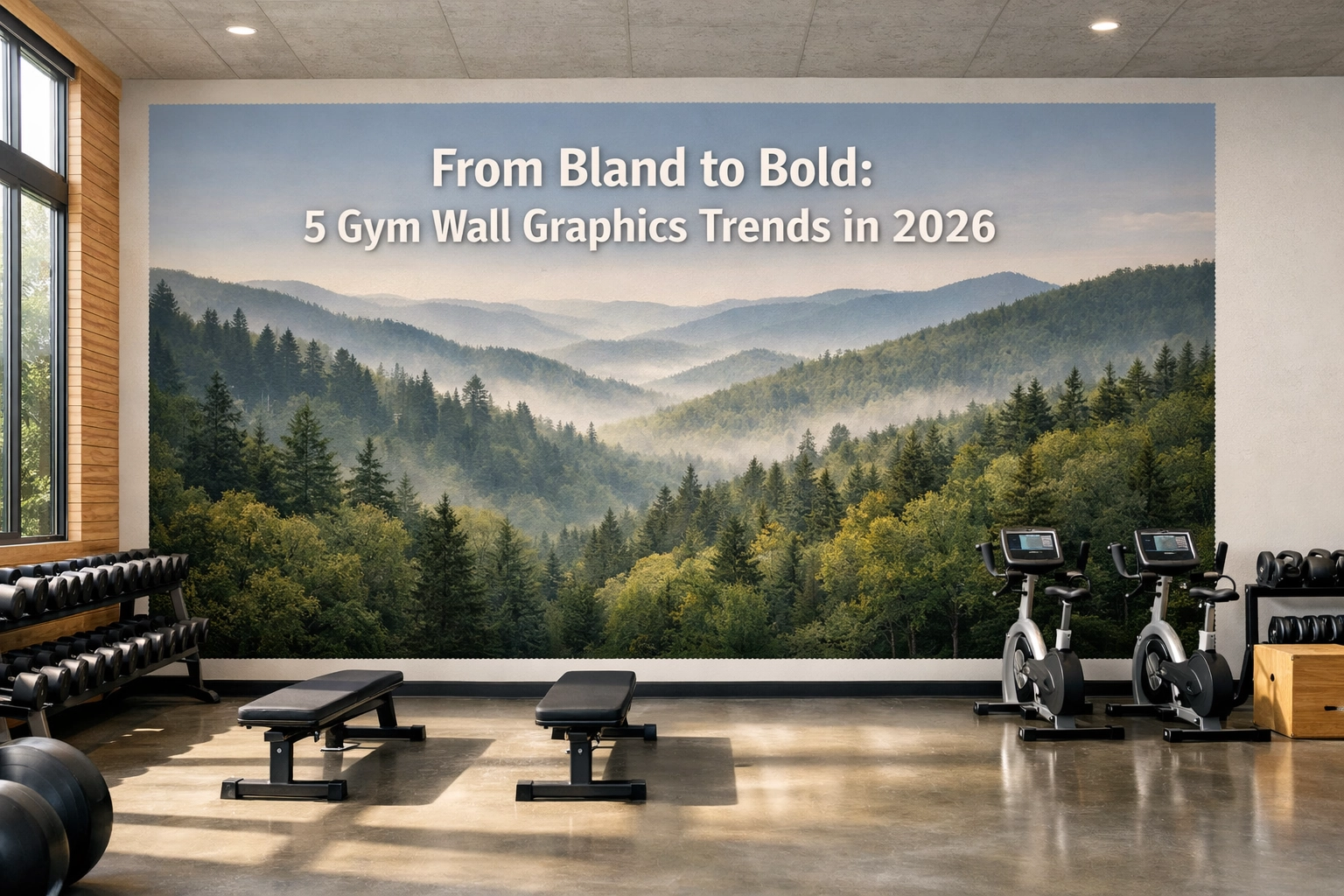 Sustainable gym wall graphics featuring a misty forest mural in a bright Knoxville fitness center.