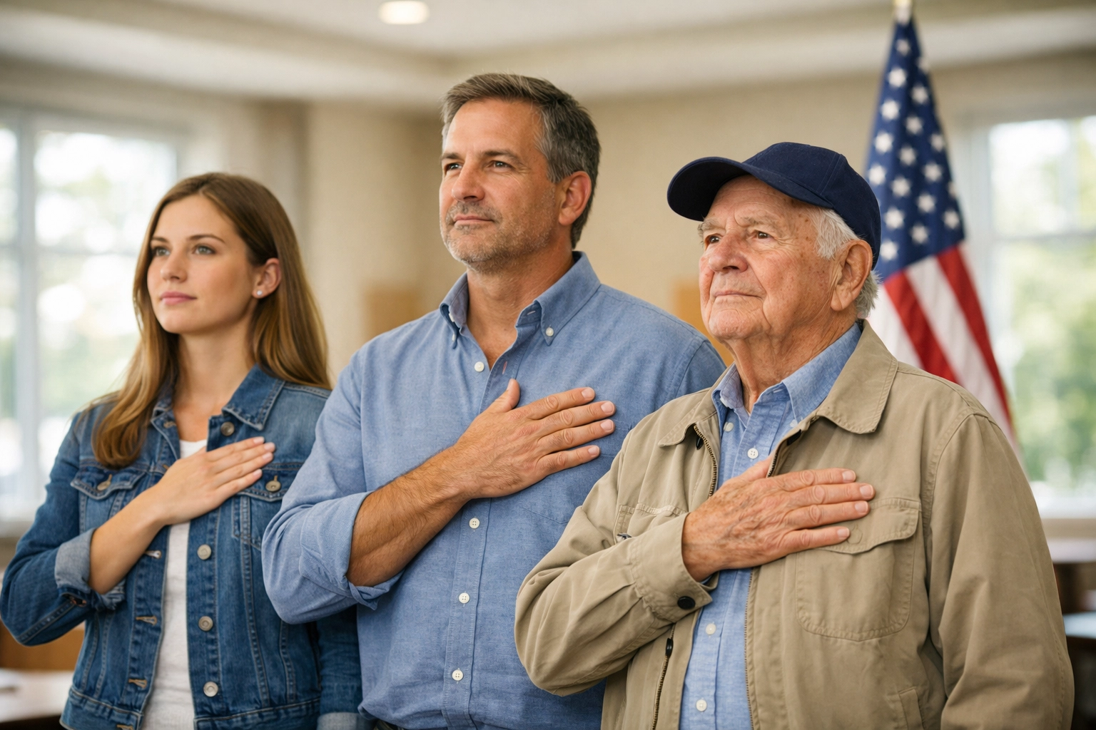 Diverse group of Americans standing with hands over hearts near an American flag in a community hall.