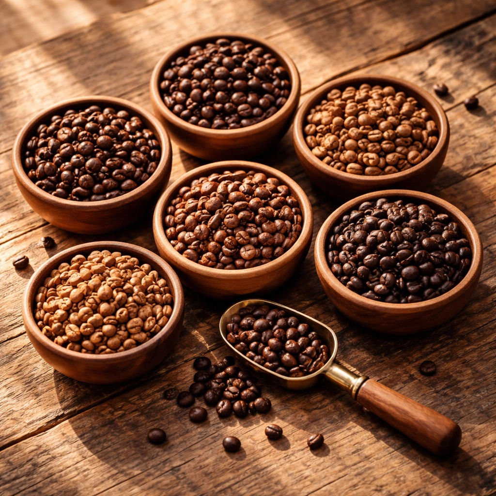 Overhead view of six bowls displaying diverse coffee beans on a rustic table, highlighting our 6-bean coffee blend’s variety.
