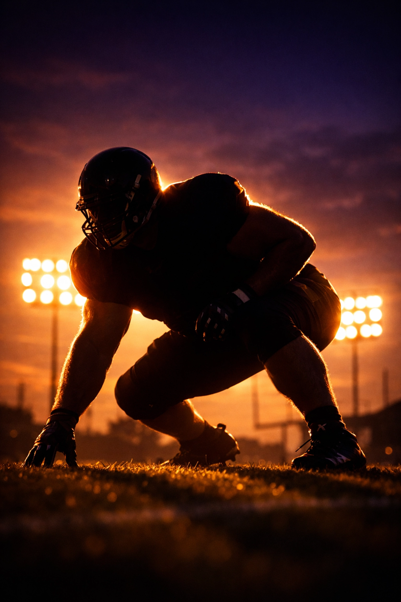 Offensive lineman in three-point stance during football practice at sunset