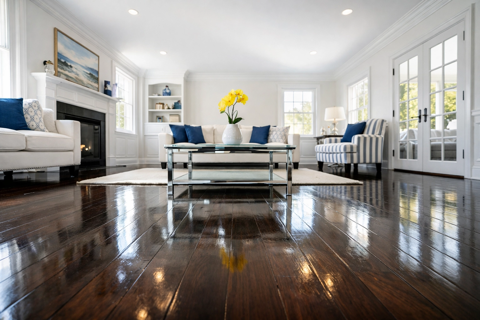 Spotless colonial living room in Hudson, MA, showcasing professional recurring house cleaning results on hardwood floors.
