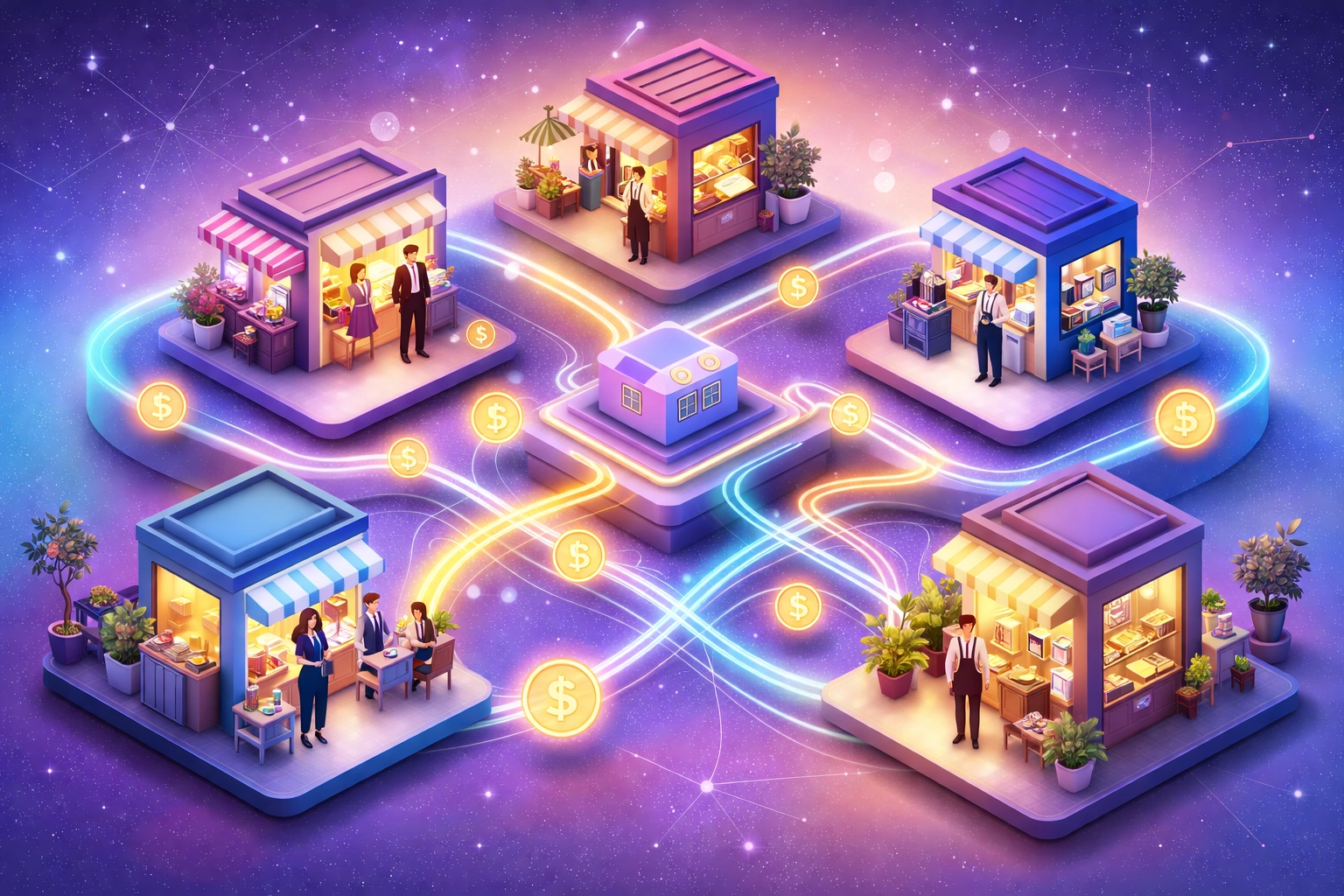 Vibrant digital marketplace with interconnected merchants and cryptocurrency flow, illustrating growth within the Larecoin ecosystem.