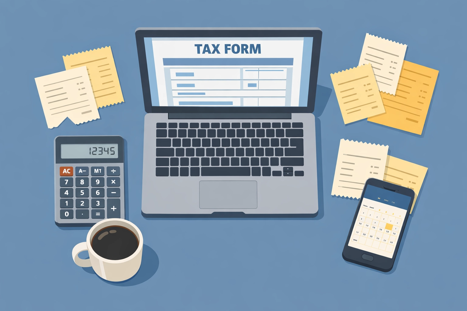 Self-employed tax preparation workspace with laptop, calculator, and receipts for New Haven freelancers