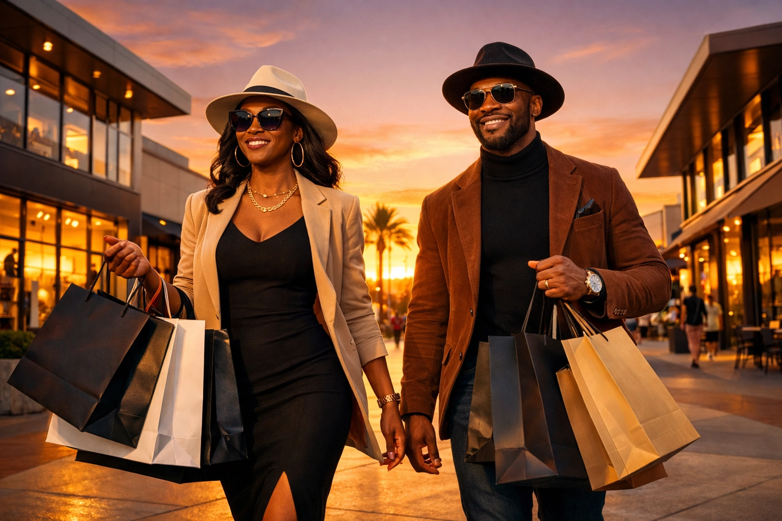 Empowered Black couple walking through a shopping plaza after a Buyblack lifestyle shopping trip.