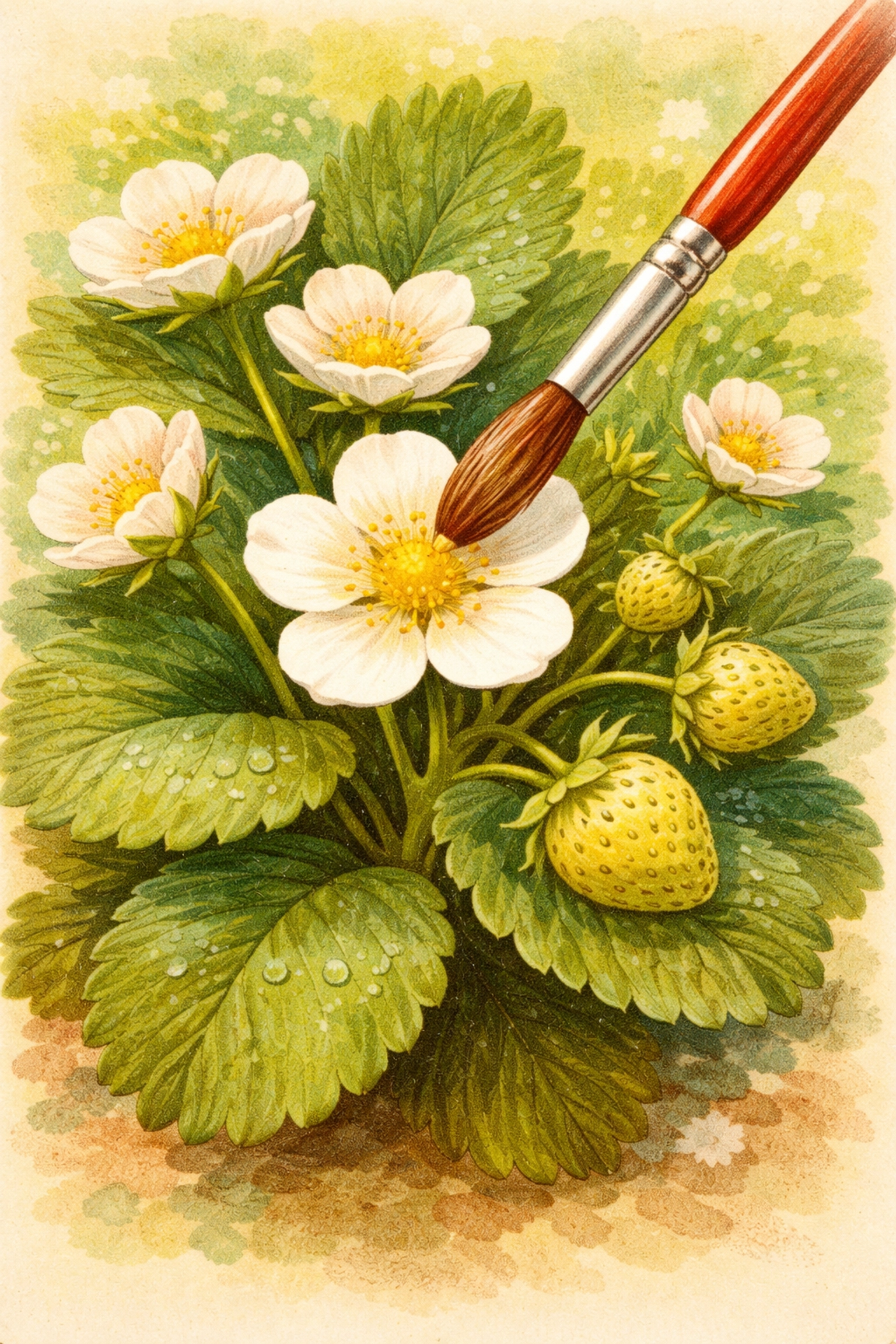 Hand-pollinating indoor strawberry flowers using a soft brush to encourage fruiting in a hydroponic system