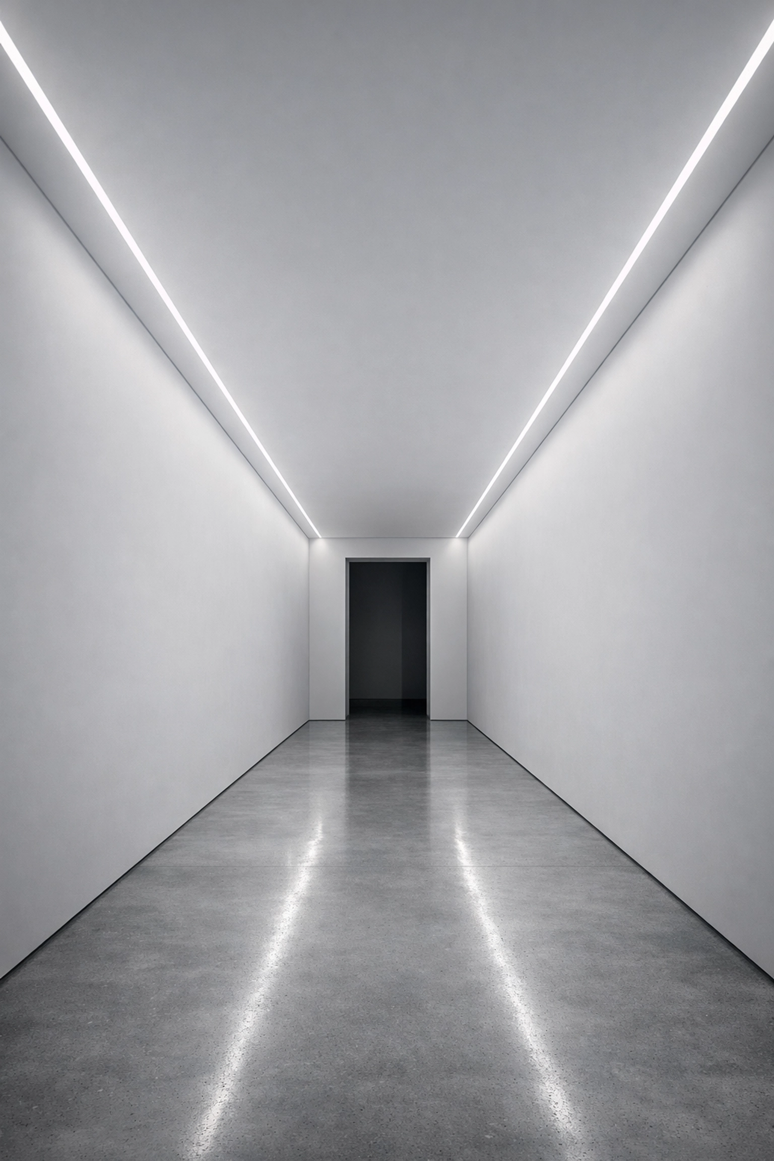 Energy-efficient linear LED lighting integrated into a minimalist modern hallway ceiling.