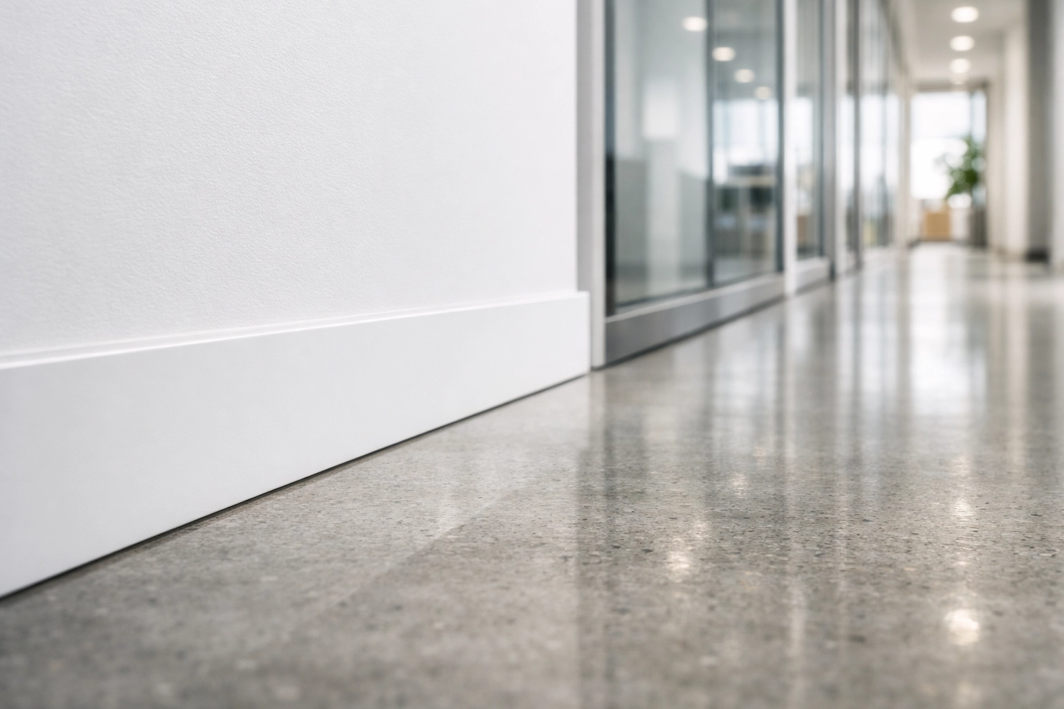 Detailed view of clean baseboards and polished floors in a professional Midwest office building.