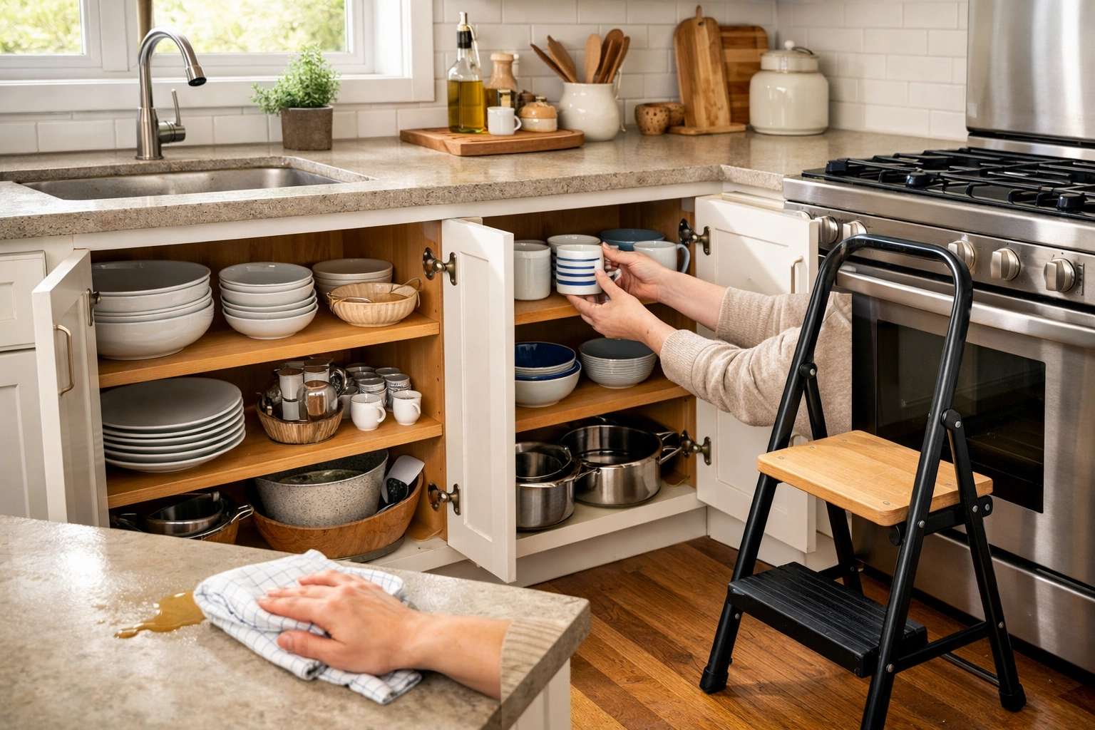 Kitchen with organized lower cabinets showing accessible storage at waist height for fall prevention