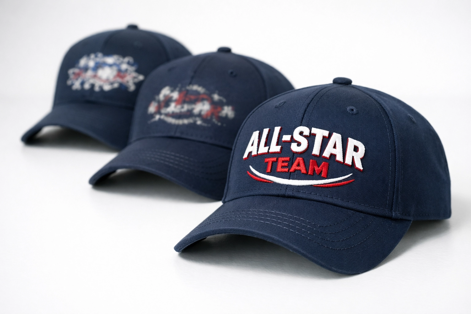 Comparison of good and poor embroidery quality on custom logo hats