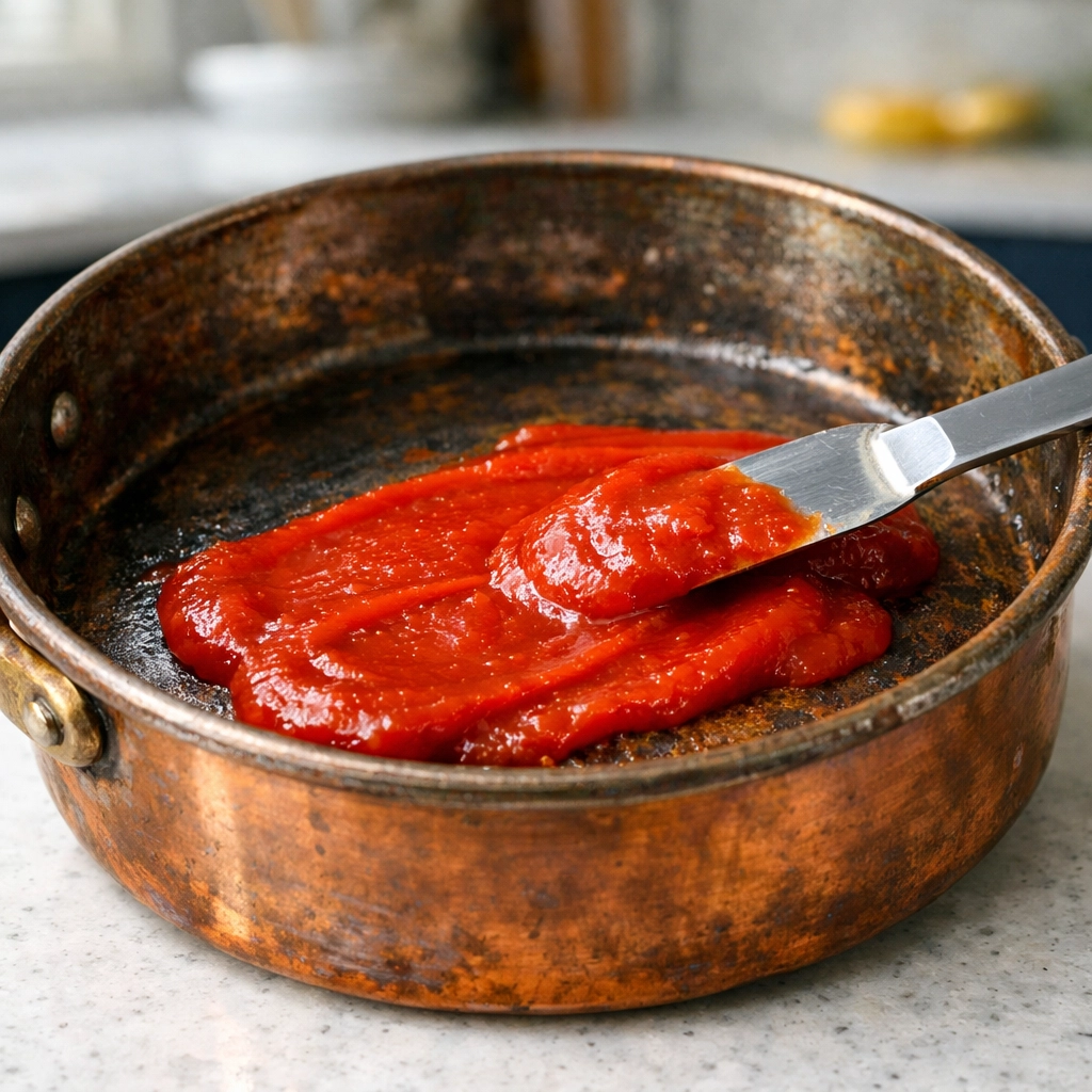 Applying a thick layer of ketchup to a tarnished copper pot for natural, eco-friendly cleaning.