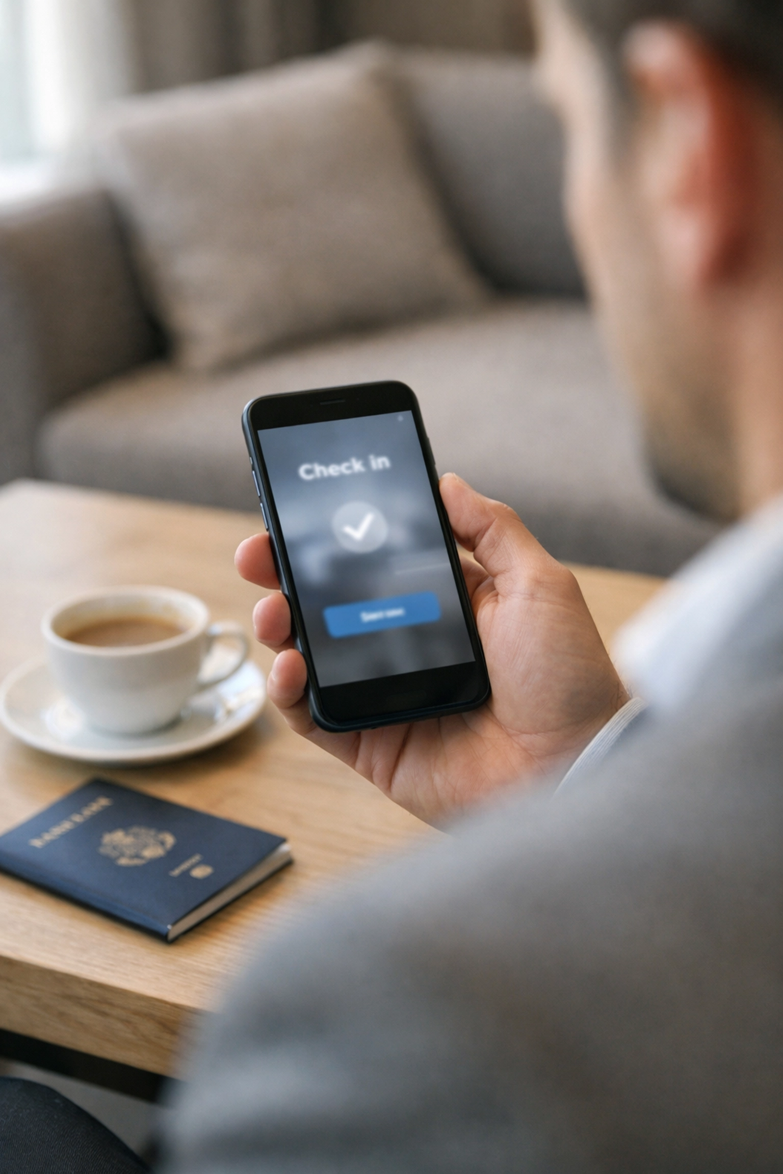 A hotel guest completes digital pre-check-in on a smartphone in a modern lobby lounge.