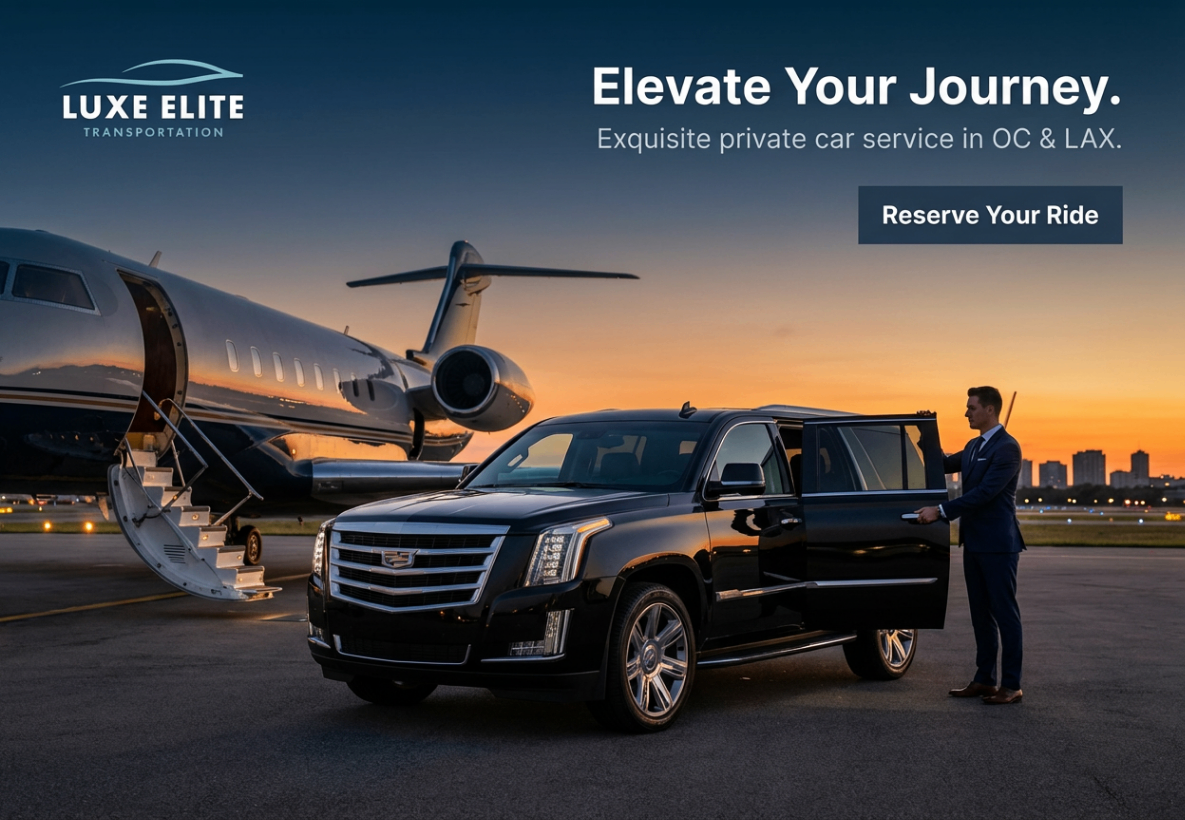 Luxury Car Service to LAX Explained: Your Quick-Start Guide to Stress-Free Airport Arrivals 3 Luxe Elite Transportation Premium Airport Transfer A professional chauffeur stands beside a luxury black Cadillac SUV with the door open, ready for a client. The vehicle is positioned next to a private jet on an airport tarmac at sunset, representing Luxe Elite Transportation's premium airport transfer service focused on comfort, punctuality, and executive-level care.
