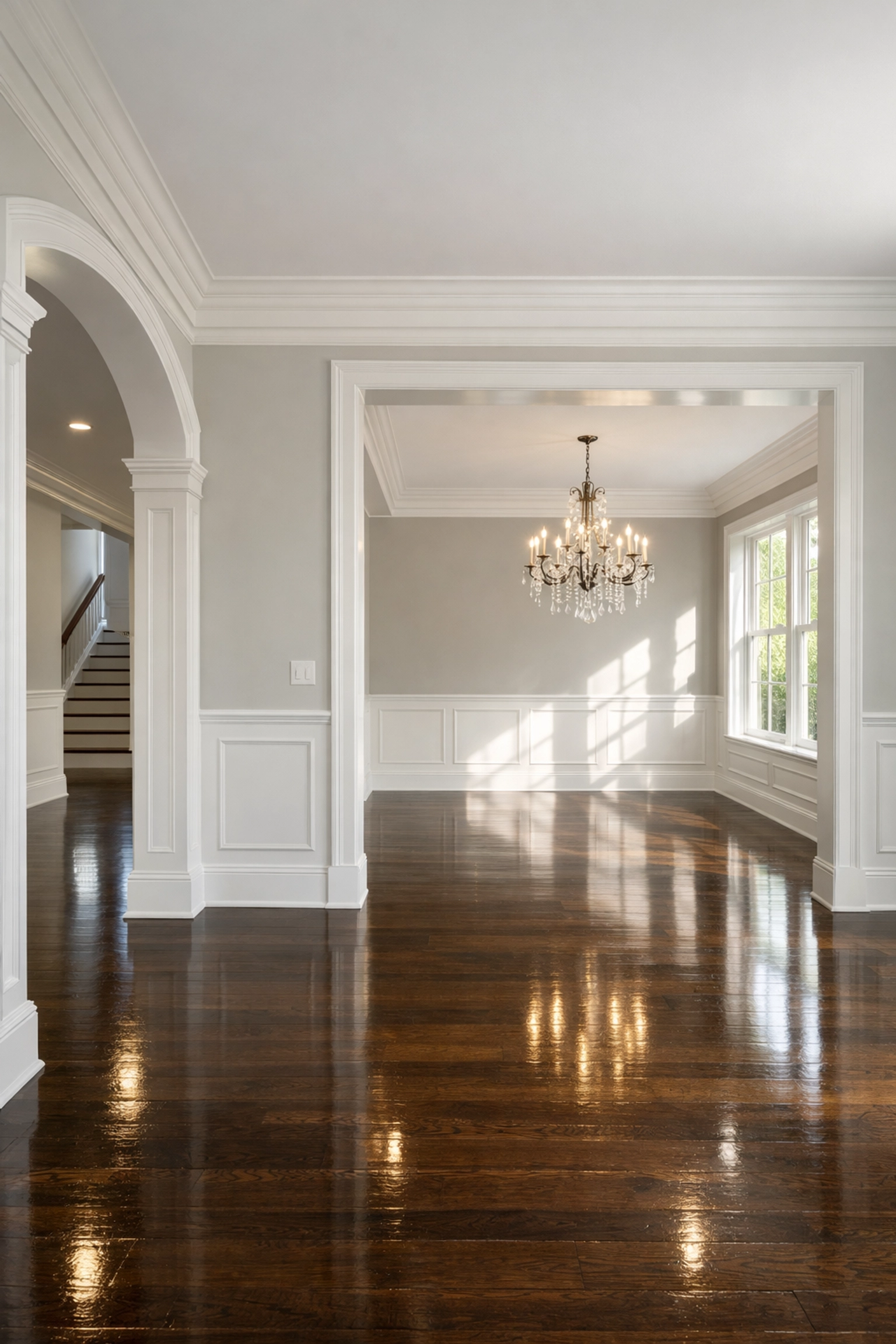 Spotless move-out house cleaning in a luxury Leominster MA home featuring reflective dark wood floors.