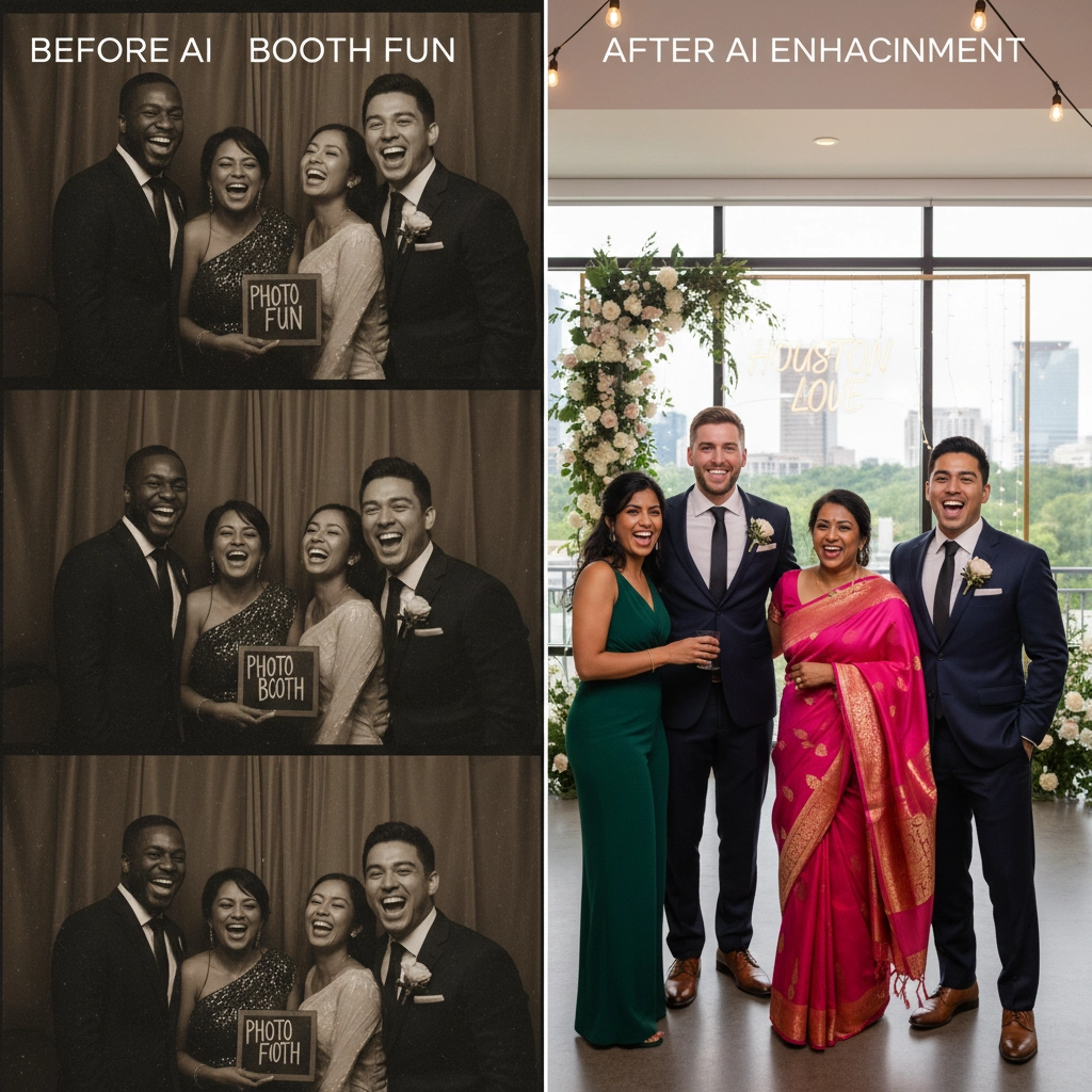Four people smiling in formal attire. Left: sepia photo booth shots; Right: vibrant, AI-enhanced color photo with floral arch in background.