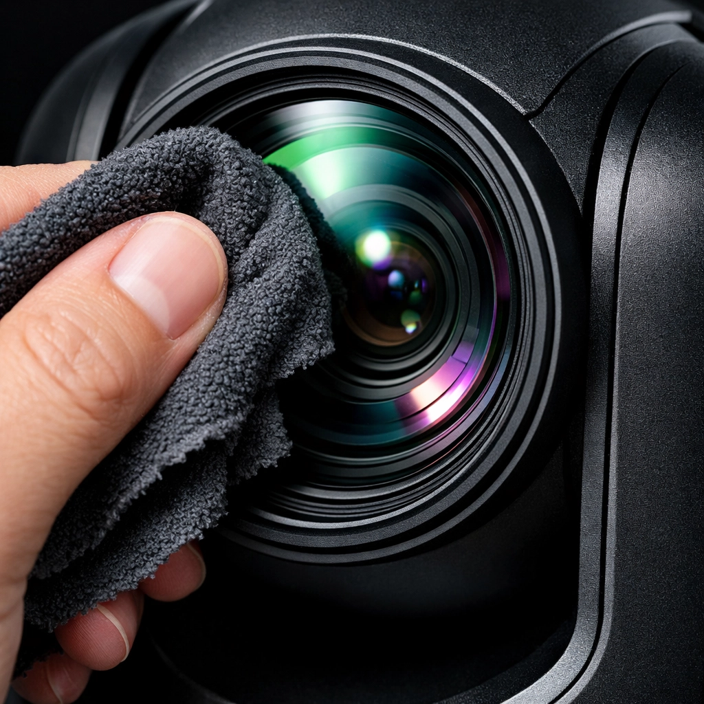 Maintaining a PTZ camera by cleaning the lens with a microfiber cloth for video clarity.