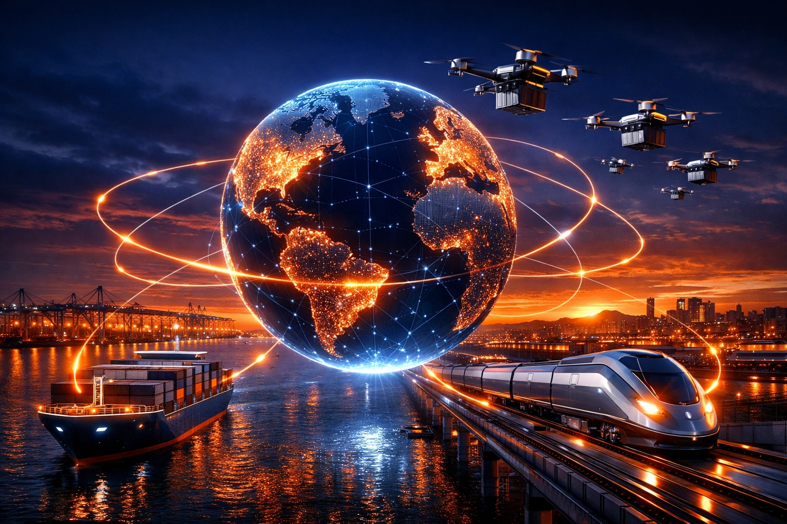 Moderne KI Logistik für global vernetzte Lieferketten und effiziente Transportwege.