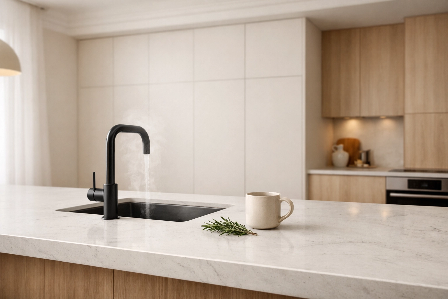 Elegant bespoke kitchen island with a quartz worktop and floor-to-ceiling cabinets.