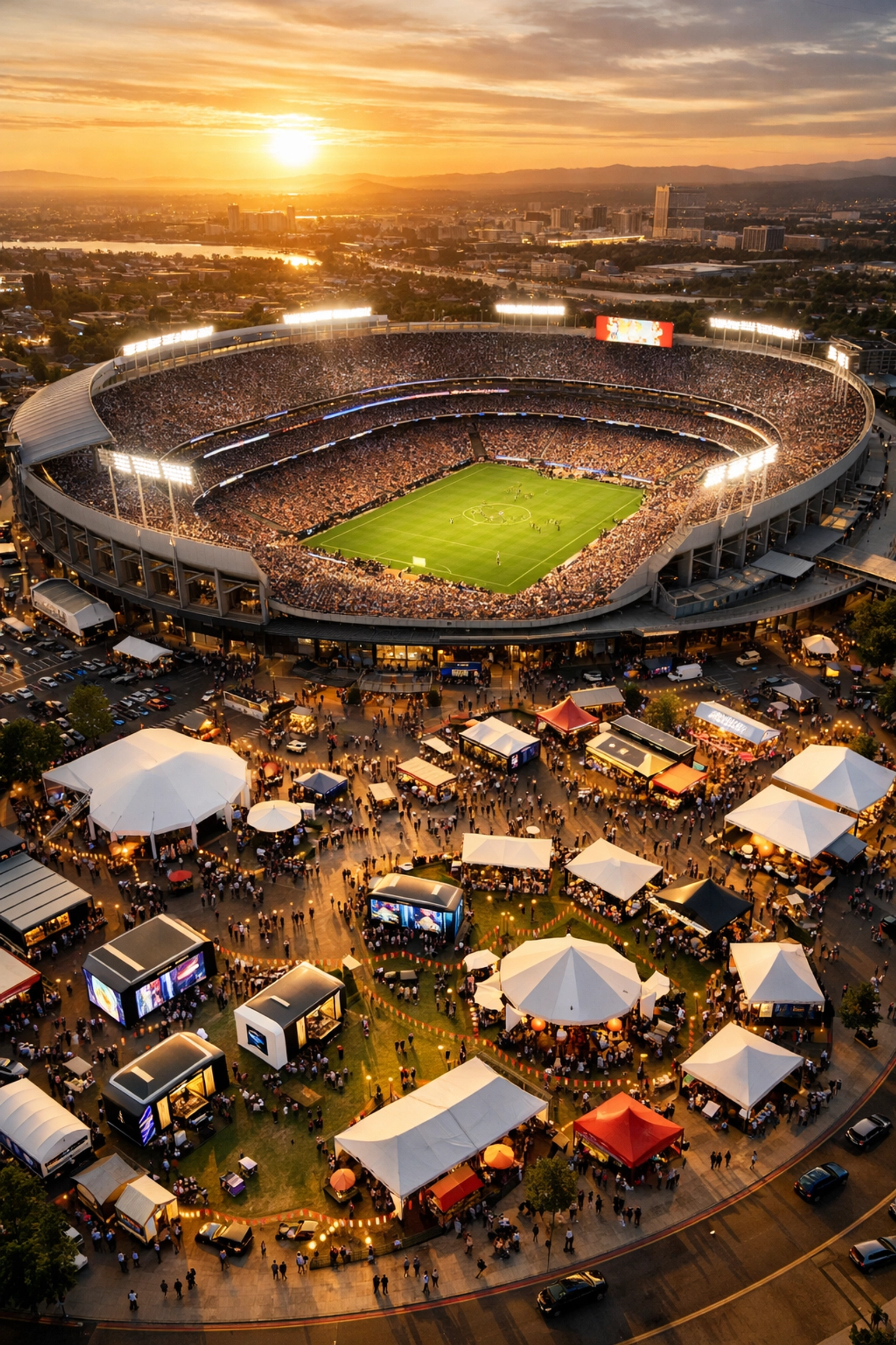 Super Bowl stadium with fan zones and mobile content creation activations during major sporting event
