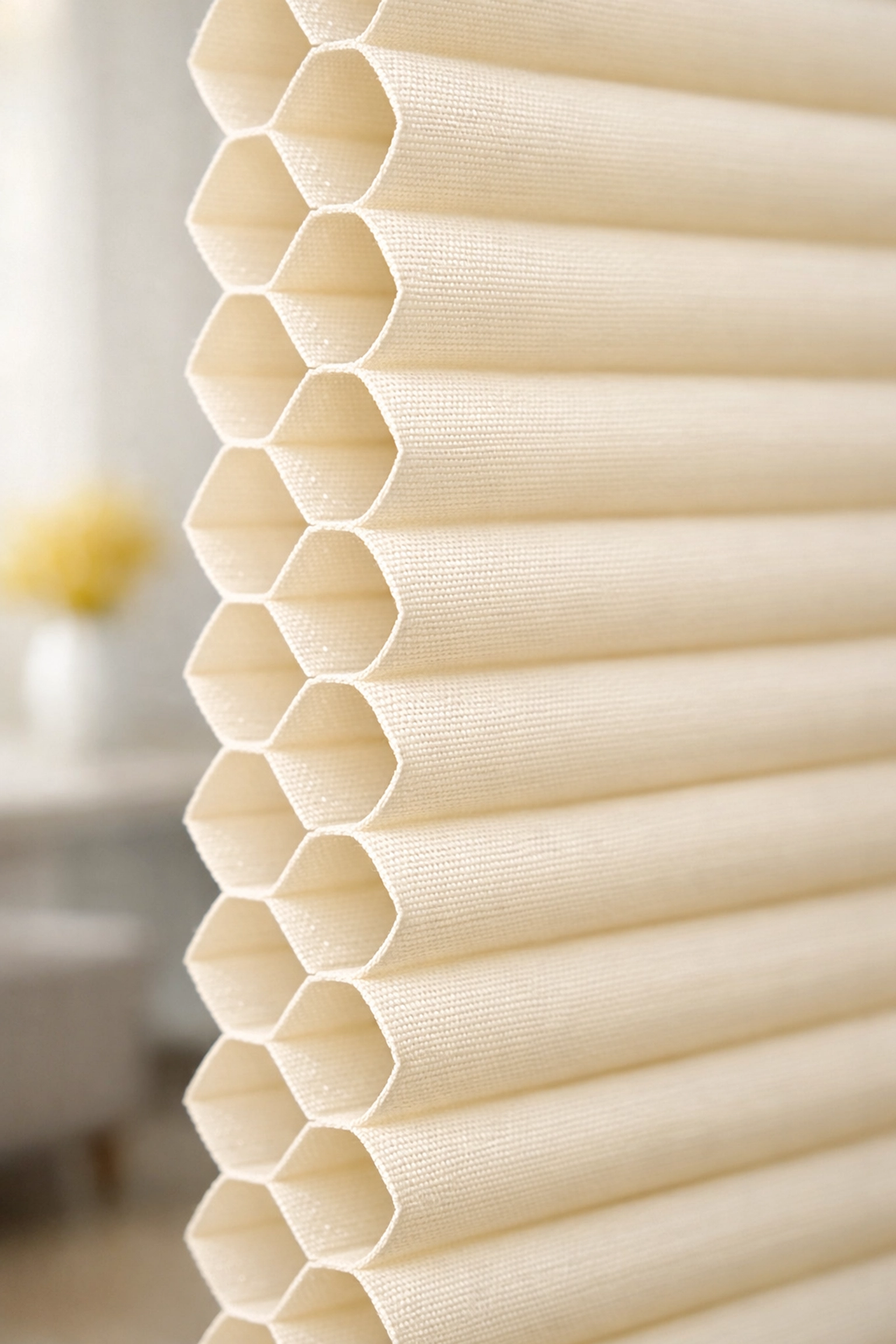 Close-up of clean, cream-colored cellular honeycomb blinds highlighting the pleated fabric texture.