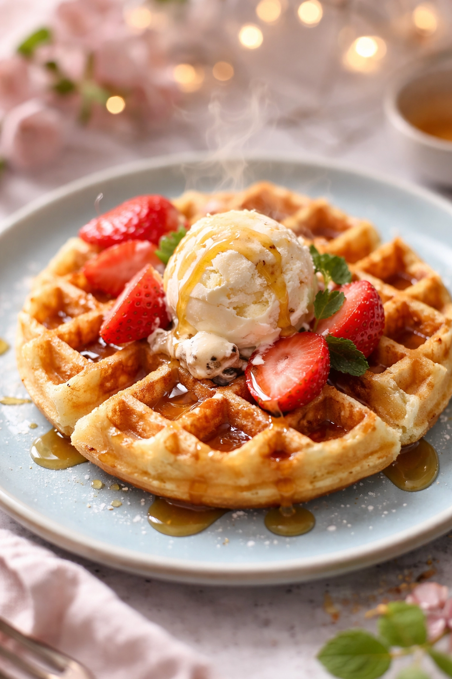 Fresh Belgian waffle on a pastel blue plate topped with vanilla ice cream and strawberries, Felixstowe dessert