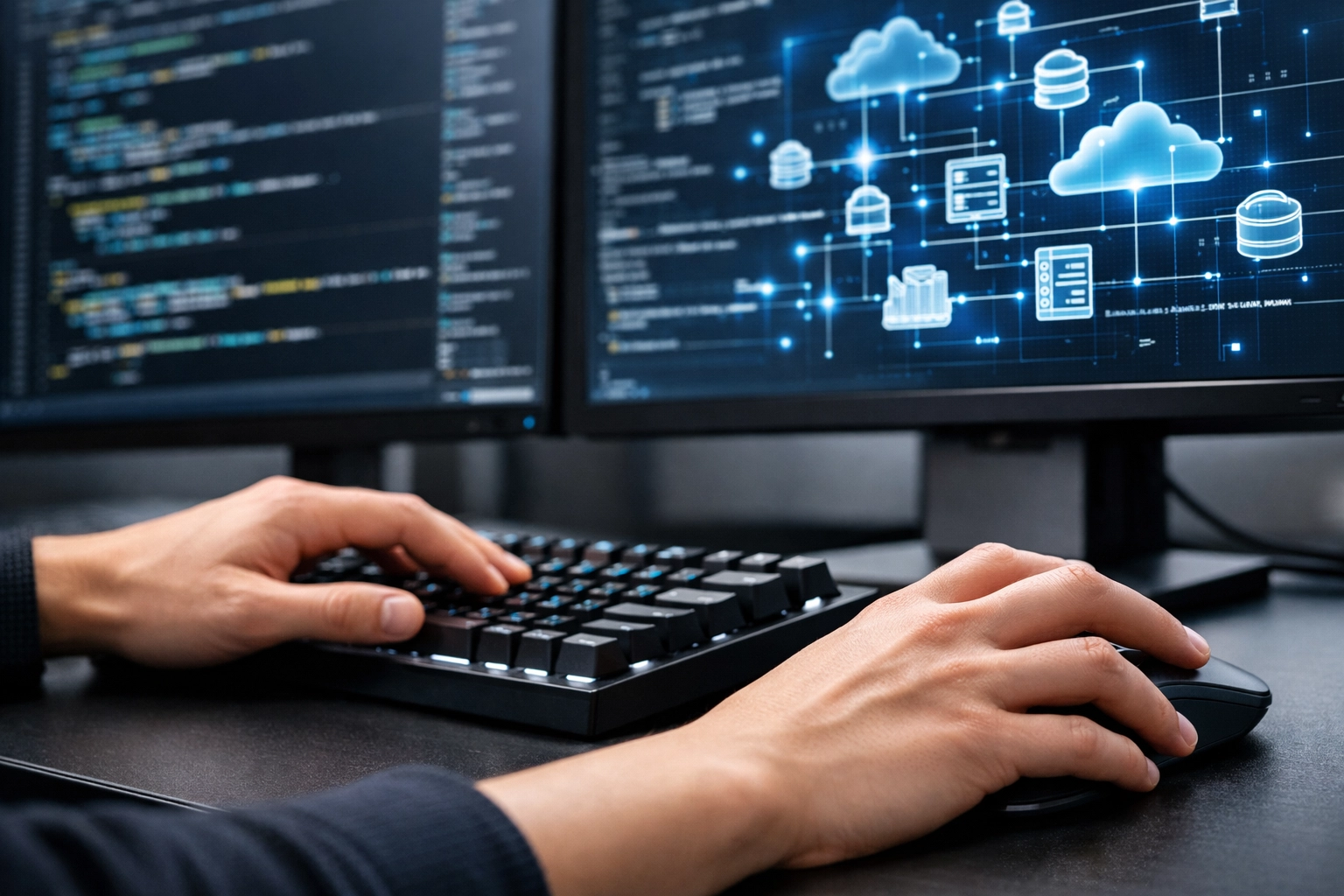 Developer's hands coding and managing cloud infrastructure at a professional workstation.