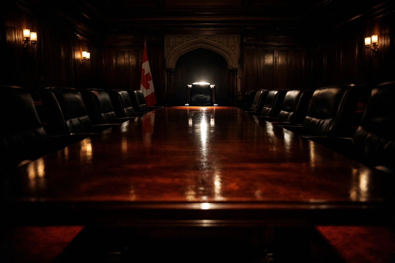 Empty caucus room on Parliament Hill with a spotlight on the party leadership chair.