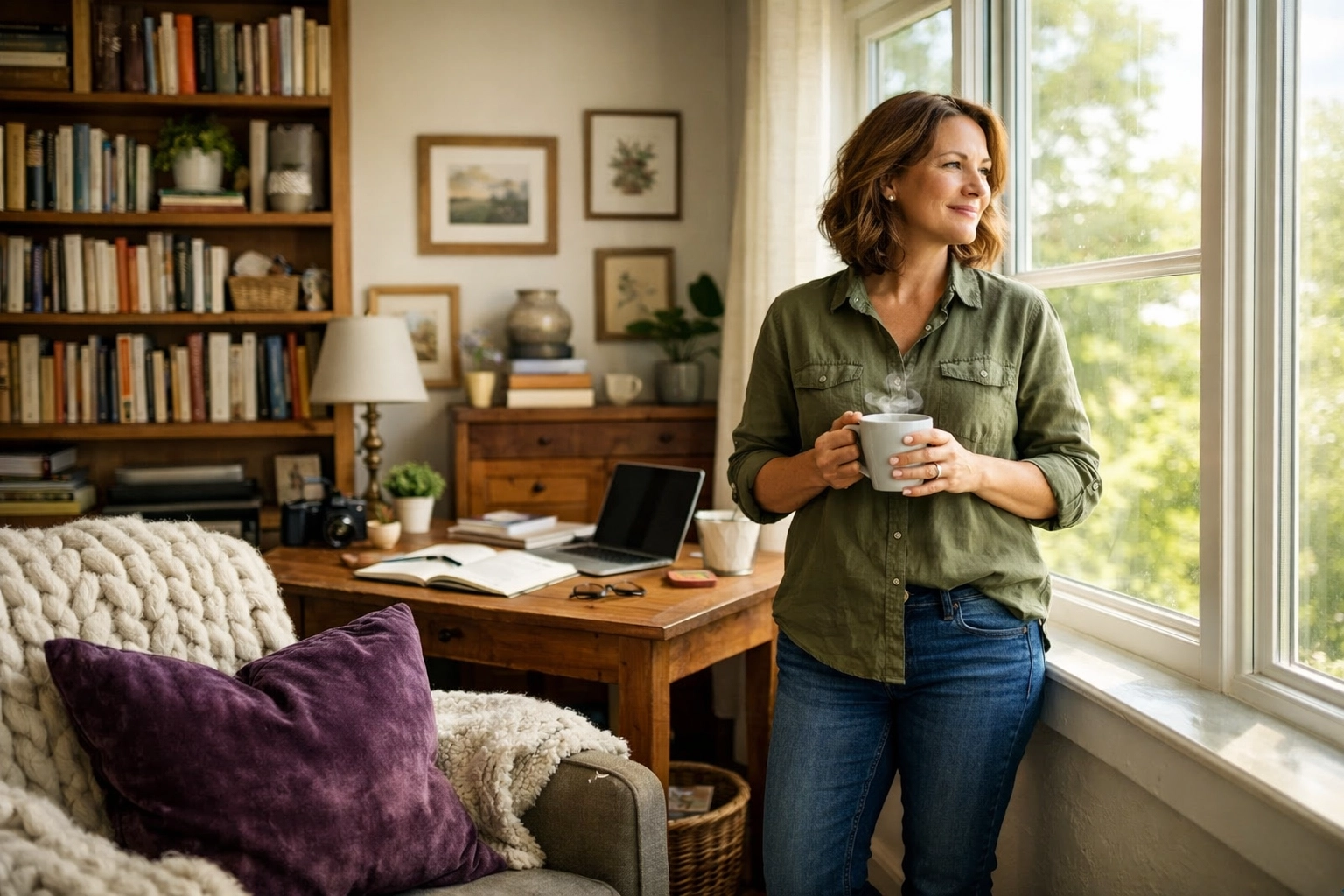 Confident woman in a sunlit office, illustrating heart-centered marketing success for small business owners.