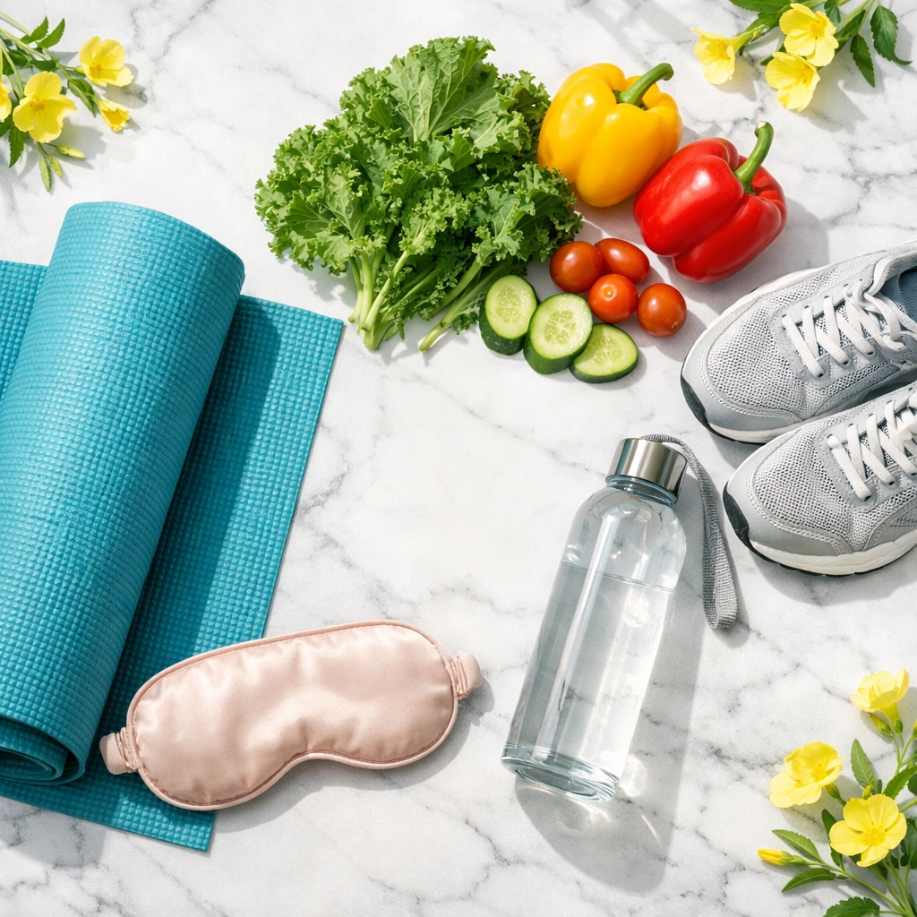 Holistic wellness lifestyle with exercise, healthy food, and evening primrose oil supplements